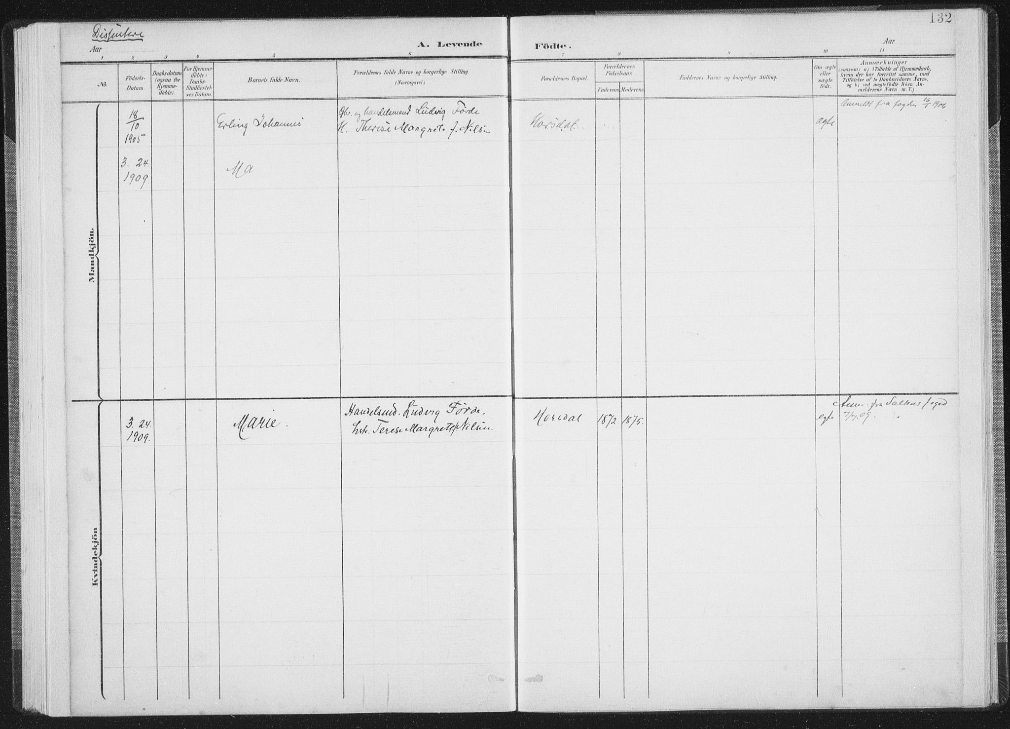 Ministerialprotokoller, klokkerbøker og fødselsregistre - Nordland, AV/SAT-A-1459/805/L0102: Parish register (official) no. 805A08I, 1900-1909, p. 132