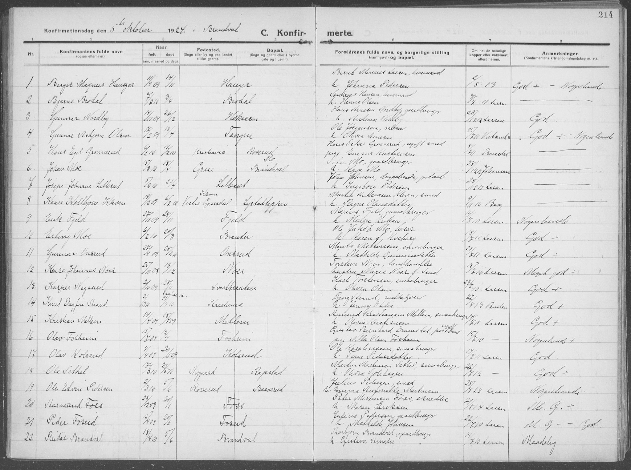 Brandval prestekontor, SAH/PREST-034/H/Ha/Haa/L0004: Parish register (official) no. 4, 1910-1924, p. 214