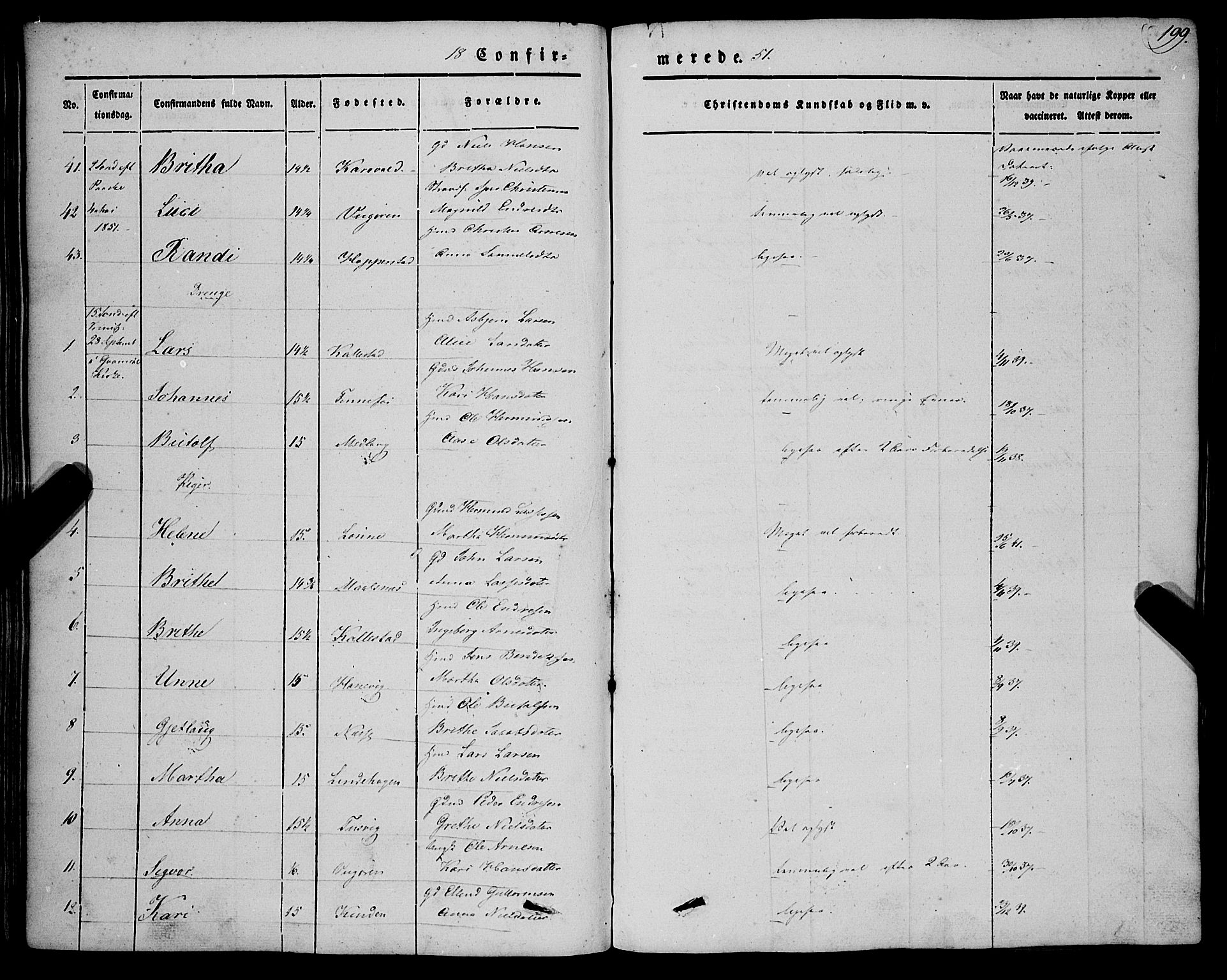 Vik sokneprestembete, SAB/A-81501: Parish register (official) no. A 8, 1846-1865, p. 199