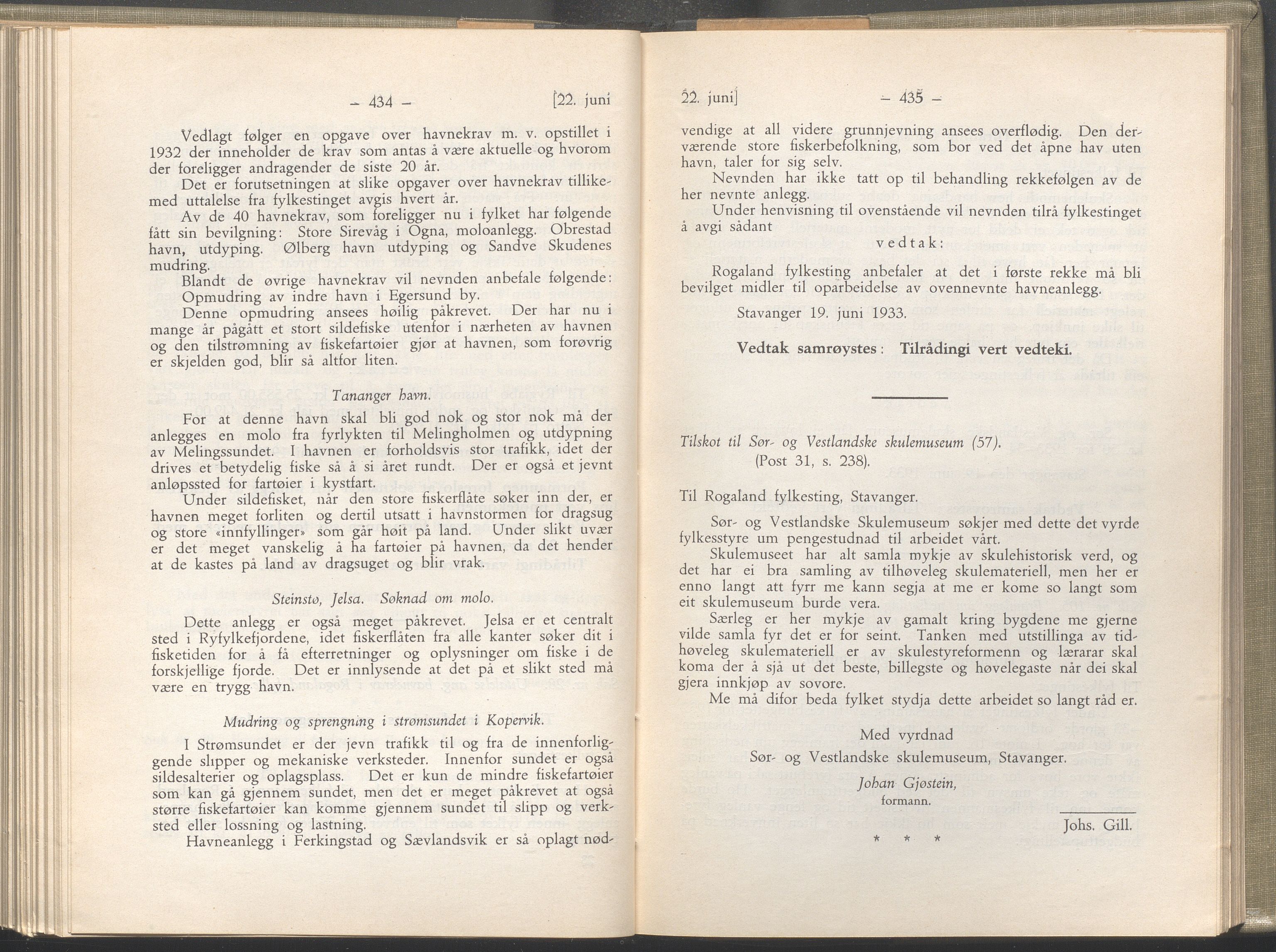 Rogaland fylkeskommune - Fylkesrådmannen , IKAR/A-900/A/Aa/Aaa/L0052: Møtebok , 1933, p. 434-435