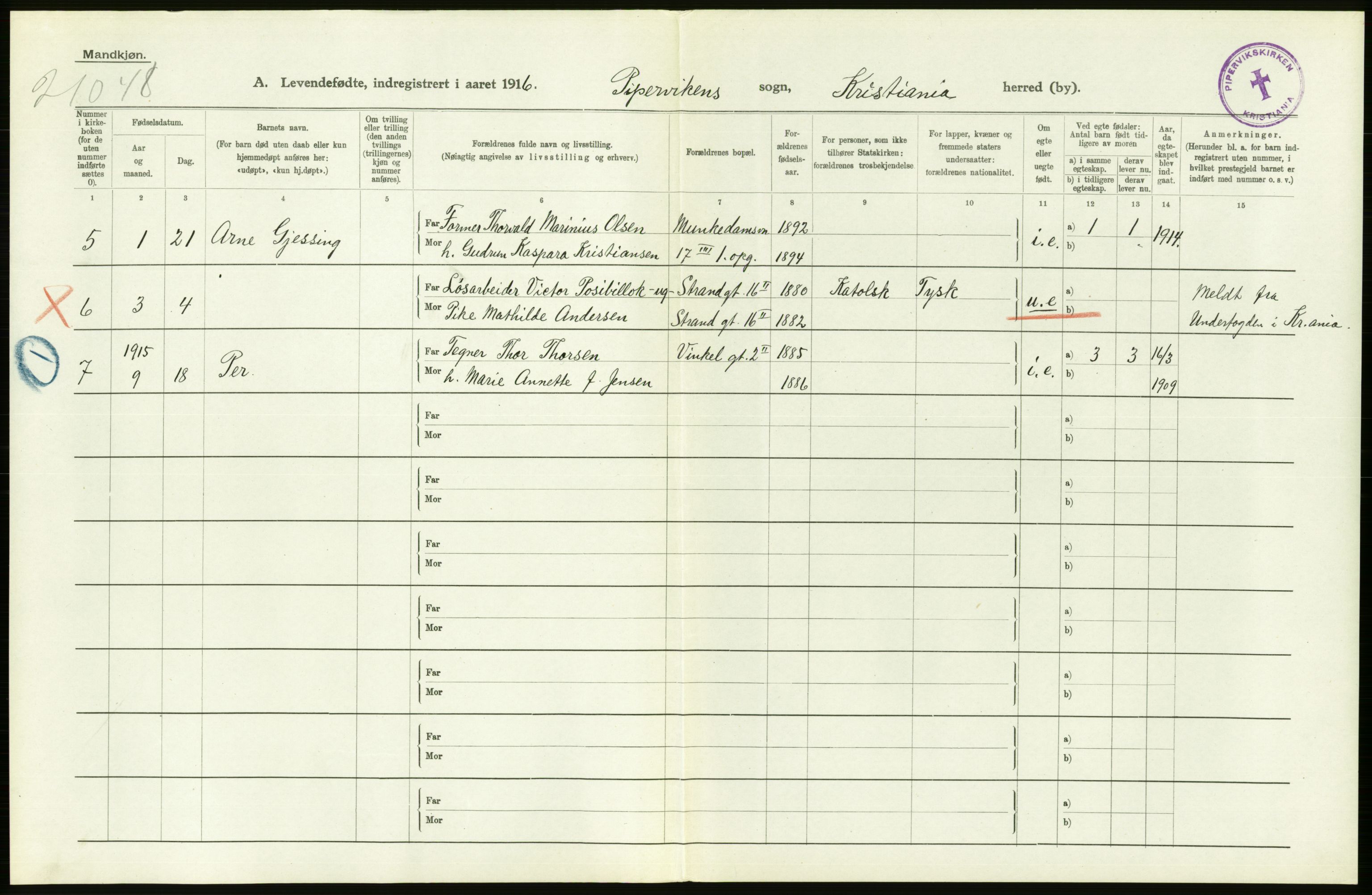 Statistisk sentralbyrå, Sosiodemografiske emner, Befolkning, AV/RA-S-2228/D/Df/Dfb/Dfbf/L0007: Kristiania: Levendefødte menn og kvinner., 1916, p. 488