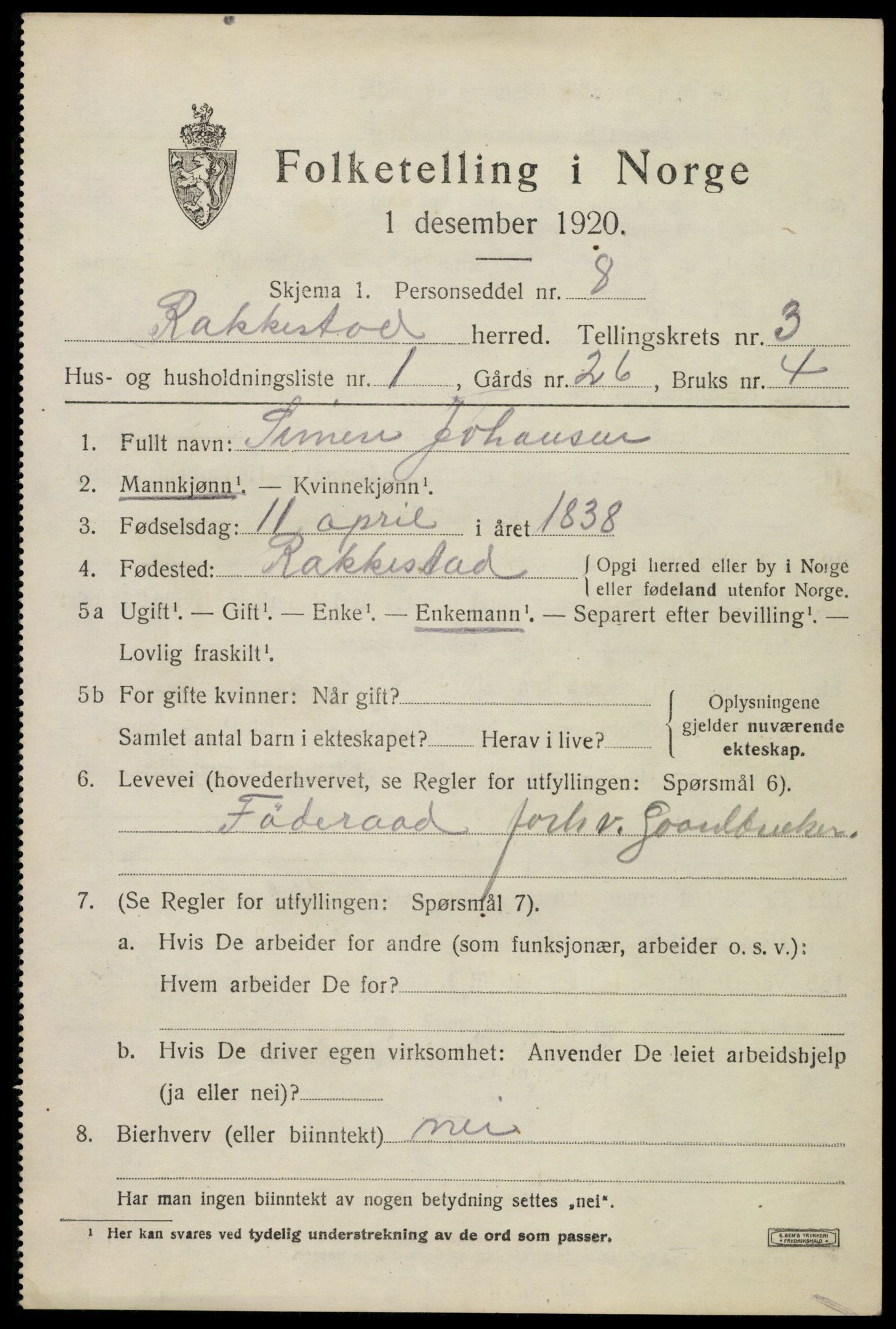 SAO, 1920 census for Rakkestad, 1920, p. 4439