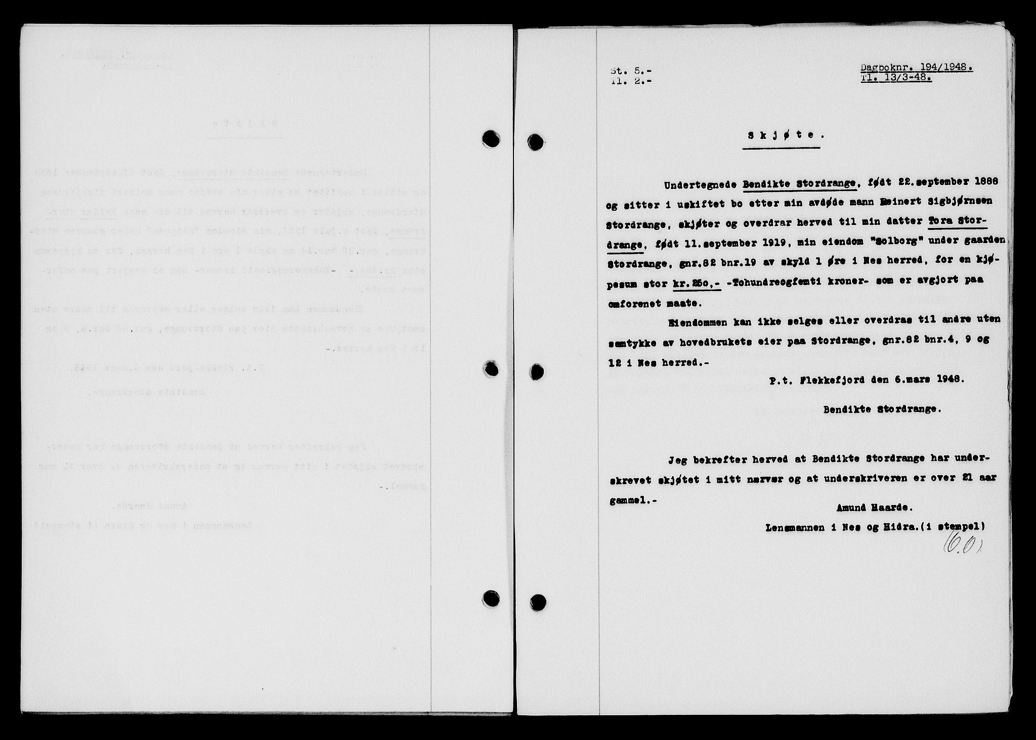 Flekkefjord sorenskriveri, SAK/1221-0001/G/Gb/Gba/L0063: Mortgage book no. A-11, 1947-1948, Diary no: : 194/1948