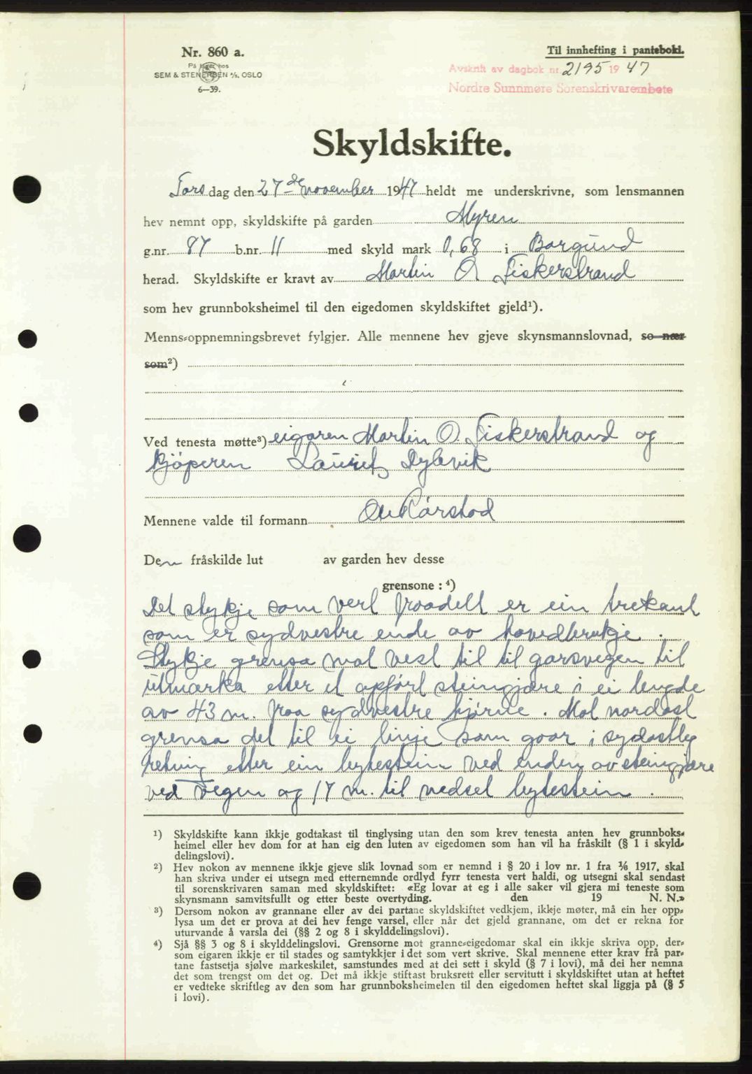 Nordre Sunnmøre sorenskriveri, AV/SAT-A-0006/1/2/2C/2Ca: Mortgage book no. A26, 1947-1948, Diary no: : 2195/1947