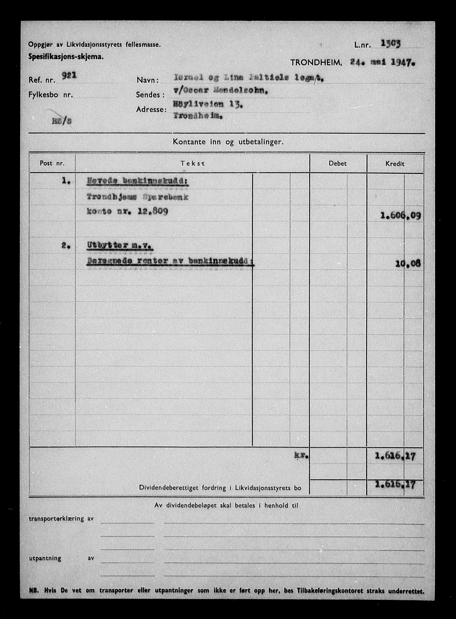 Justisdepartementet, Tilbakeføringskontoret for inndratte formuer, AV/RA-S-1564/H/Hc/Hca/L0906: --, 1945-1947, p. 308