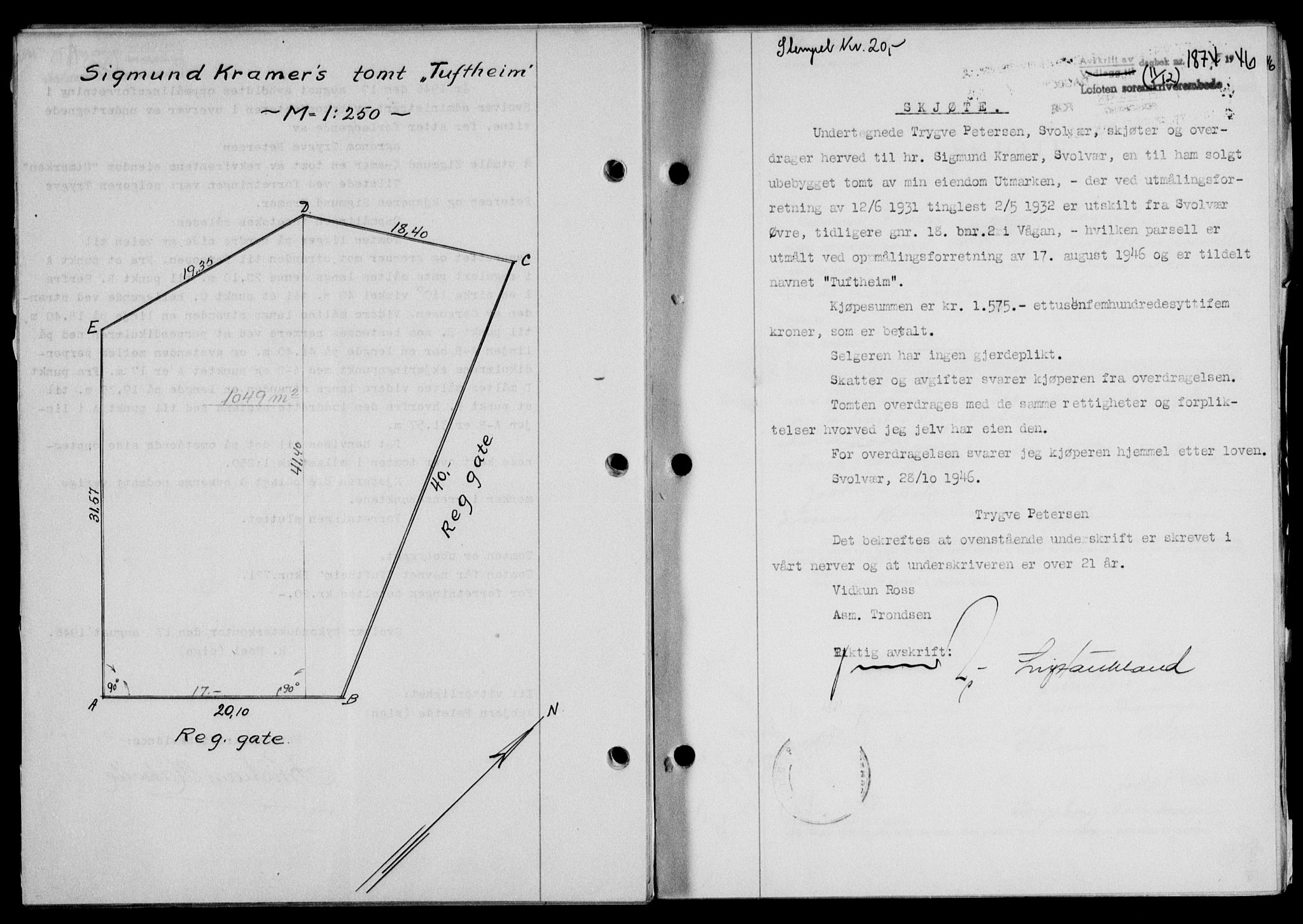 Lofoten sorenskriveri, SAT/A-0017/1/2/2C/L0015a: Mortgage book no. 15a, 1946-1947, Diary no: : 1874/1946