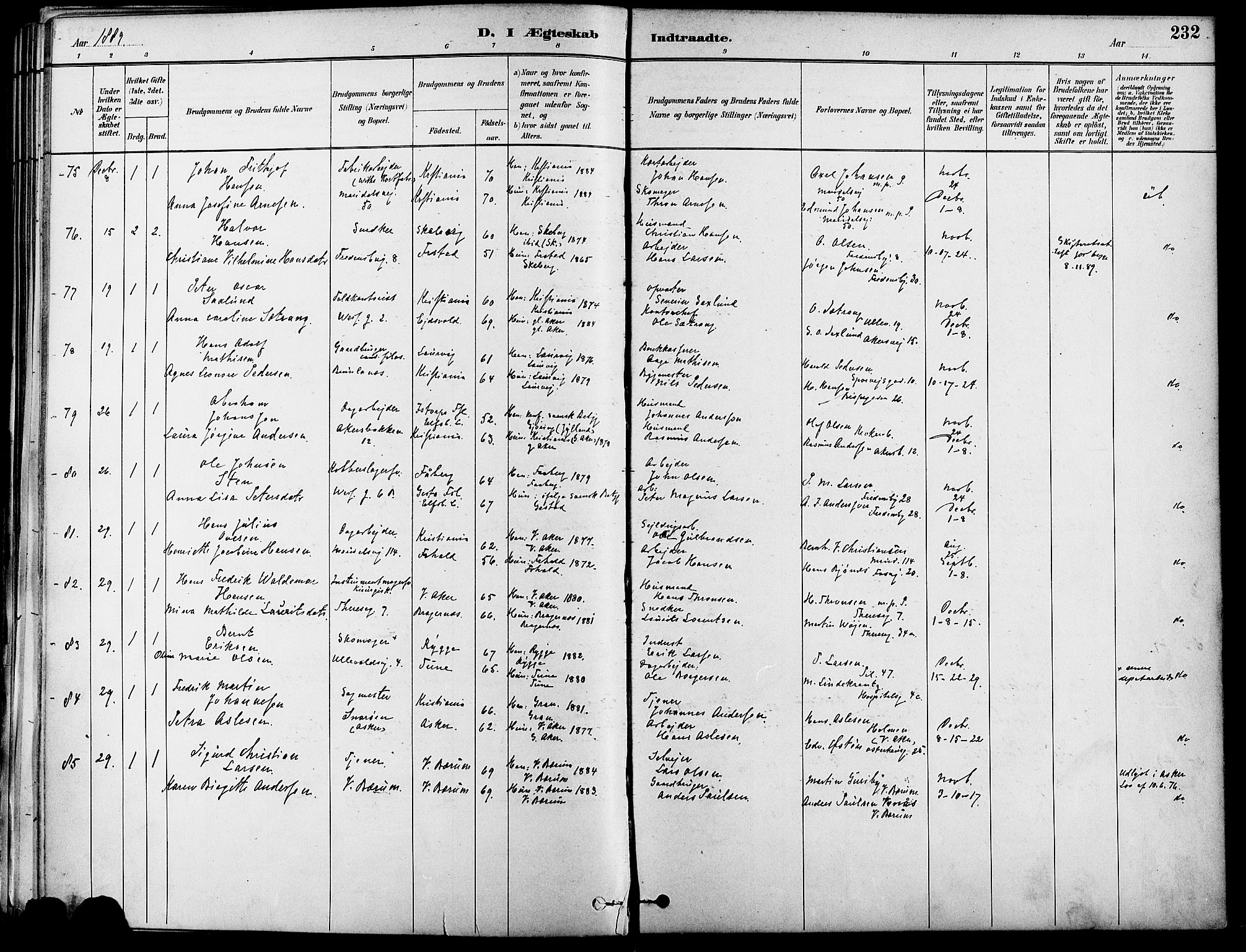 Gamle Aker prestekontor Kirkebøker, AV/SAO-A-10617a/F/L0007: Parish register (official) no. 7, 1882-1890, p. 232