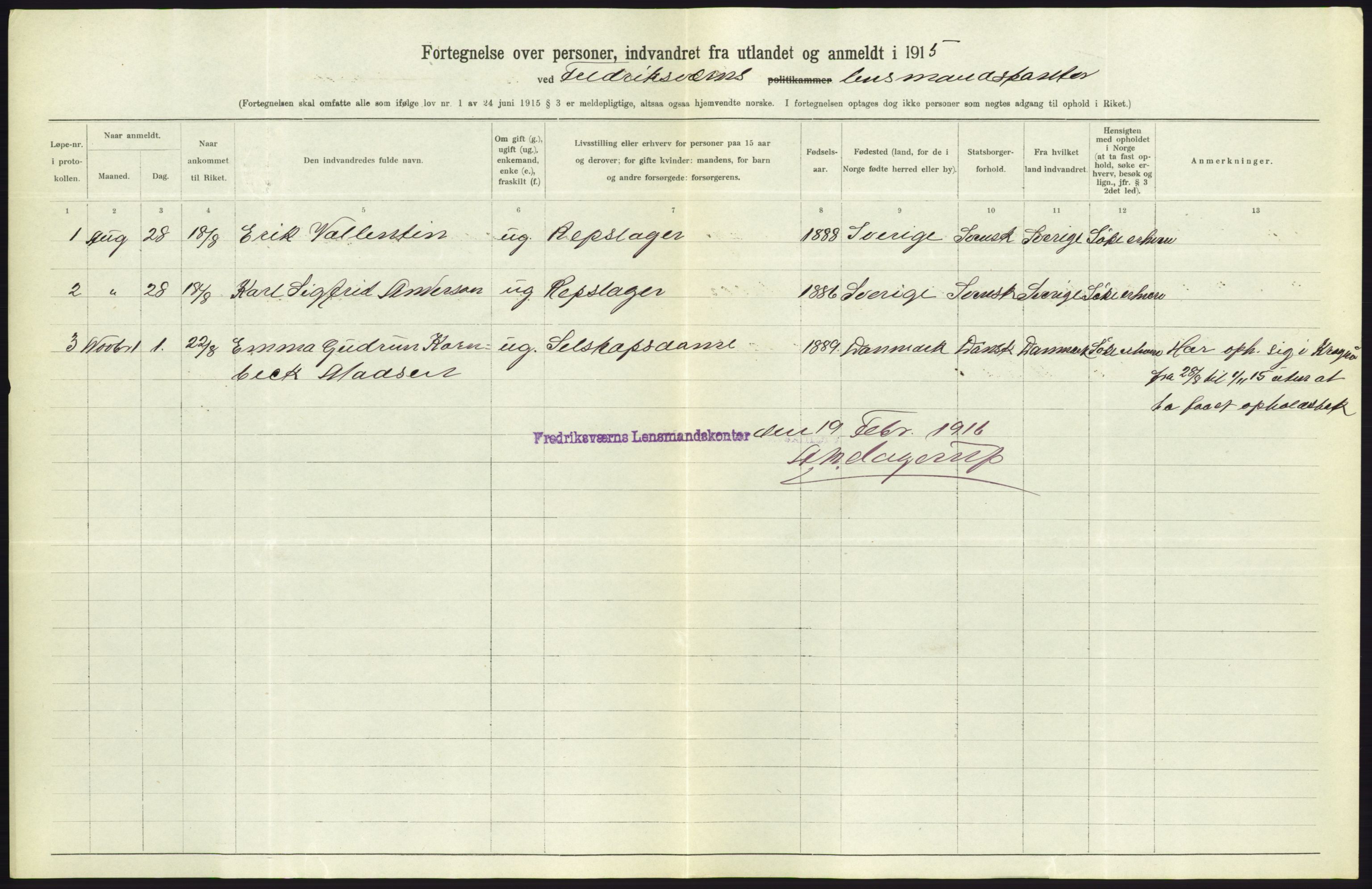 Statistisk sentralbyrå, Sosioøkonomiske emner, Folketellinger, boliger og boforhold, AV/RA-S-2231/F/Fa/L0001: Innvandring. Navn/fylkesvis, 1915, p. 282