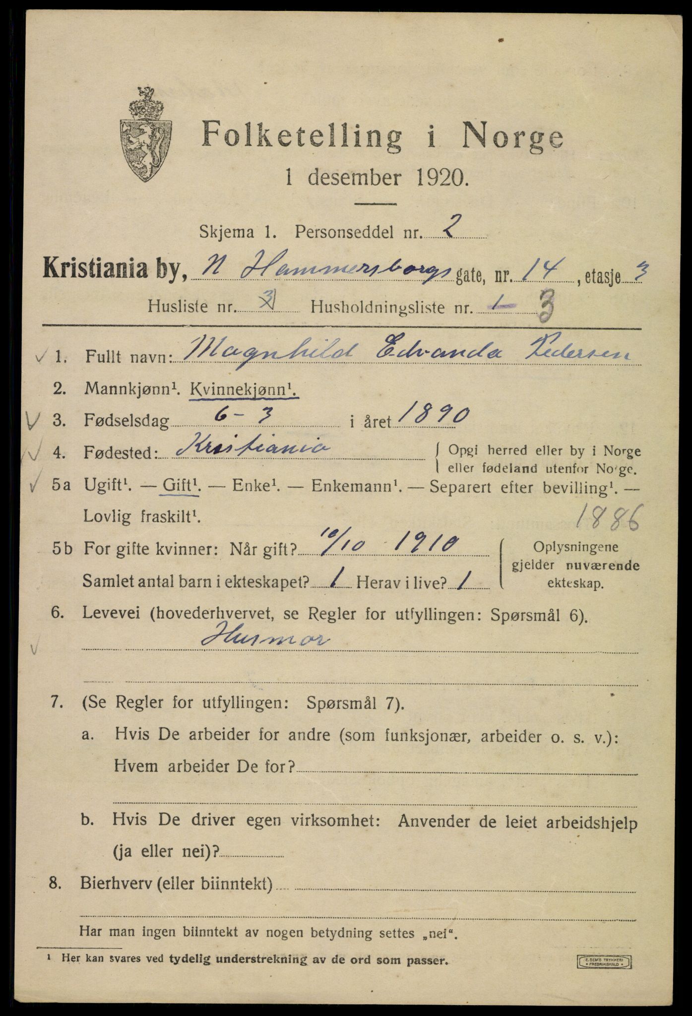 SAO, 1920 census for Kristiania, 1920, p. 410381