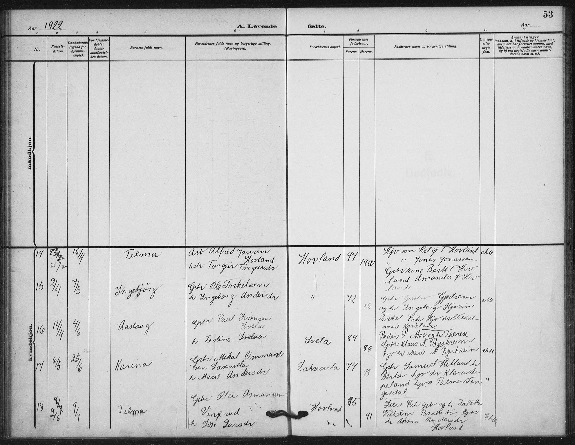 Helleland sokneprestkontor, AV/SAST-A-101810: Parish register (official) no. A 11, 1909-1922, p. 53