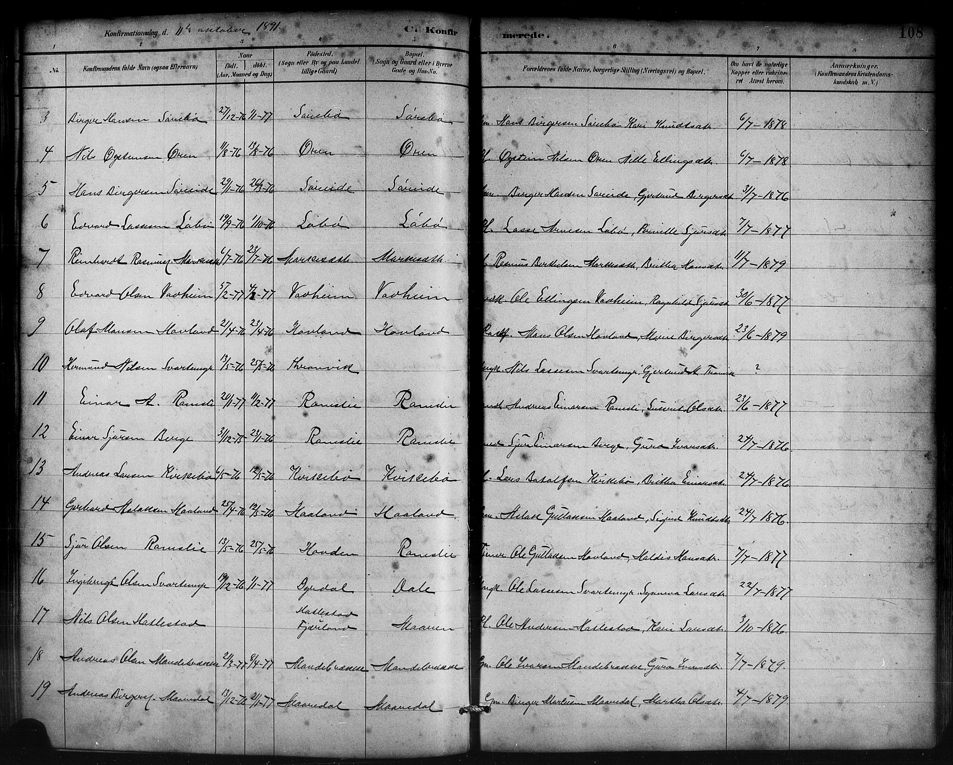 Lavik sokneprestembete, AV/SAB-A-80901: Parish register (copy) no. B 3, 1882-1913, p. 108