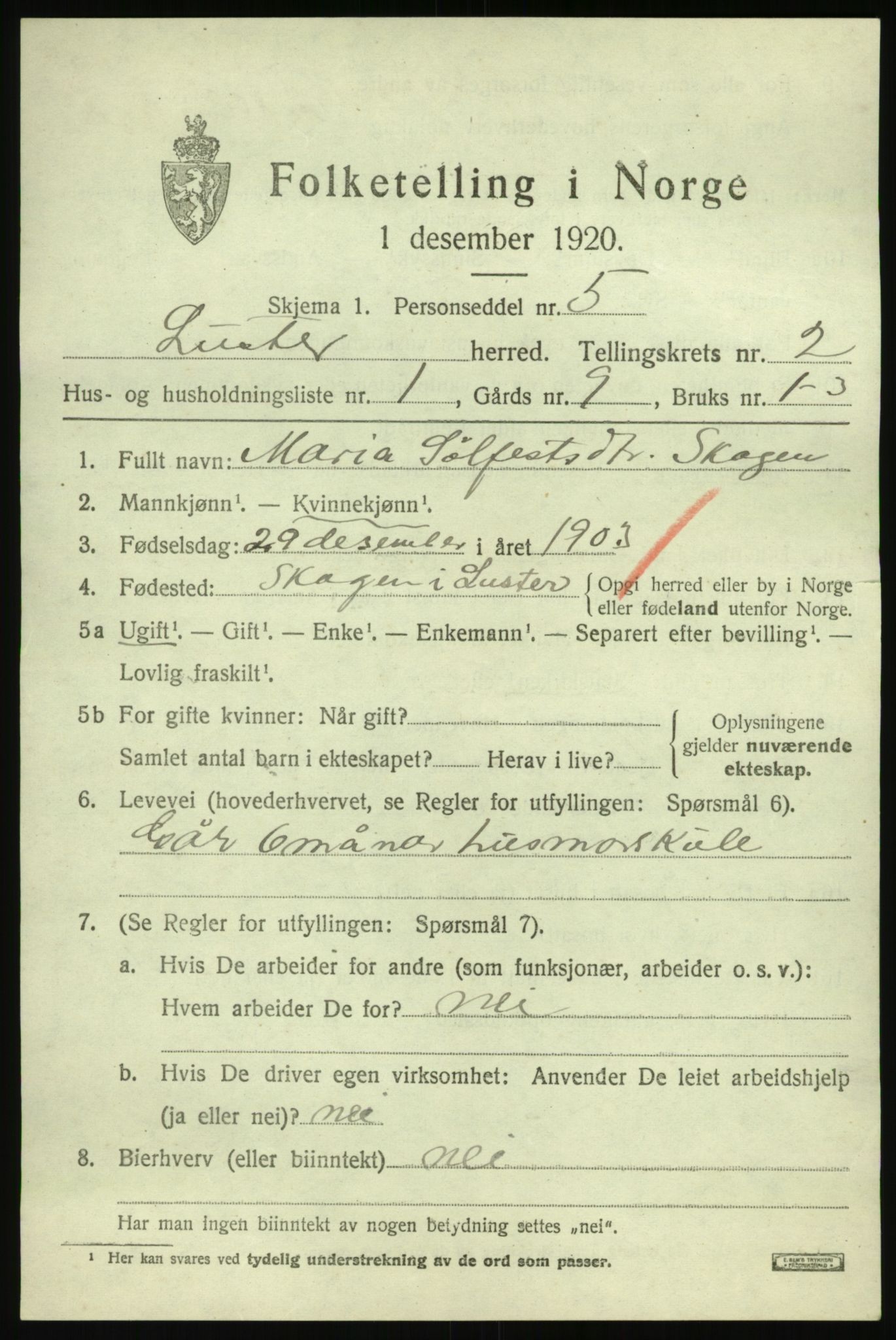 SAB, 1920 census for Luster, 1920, p. 1588