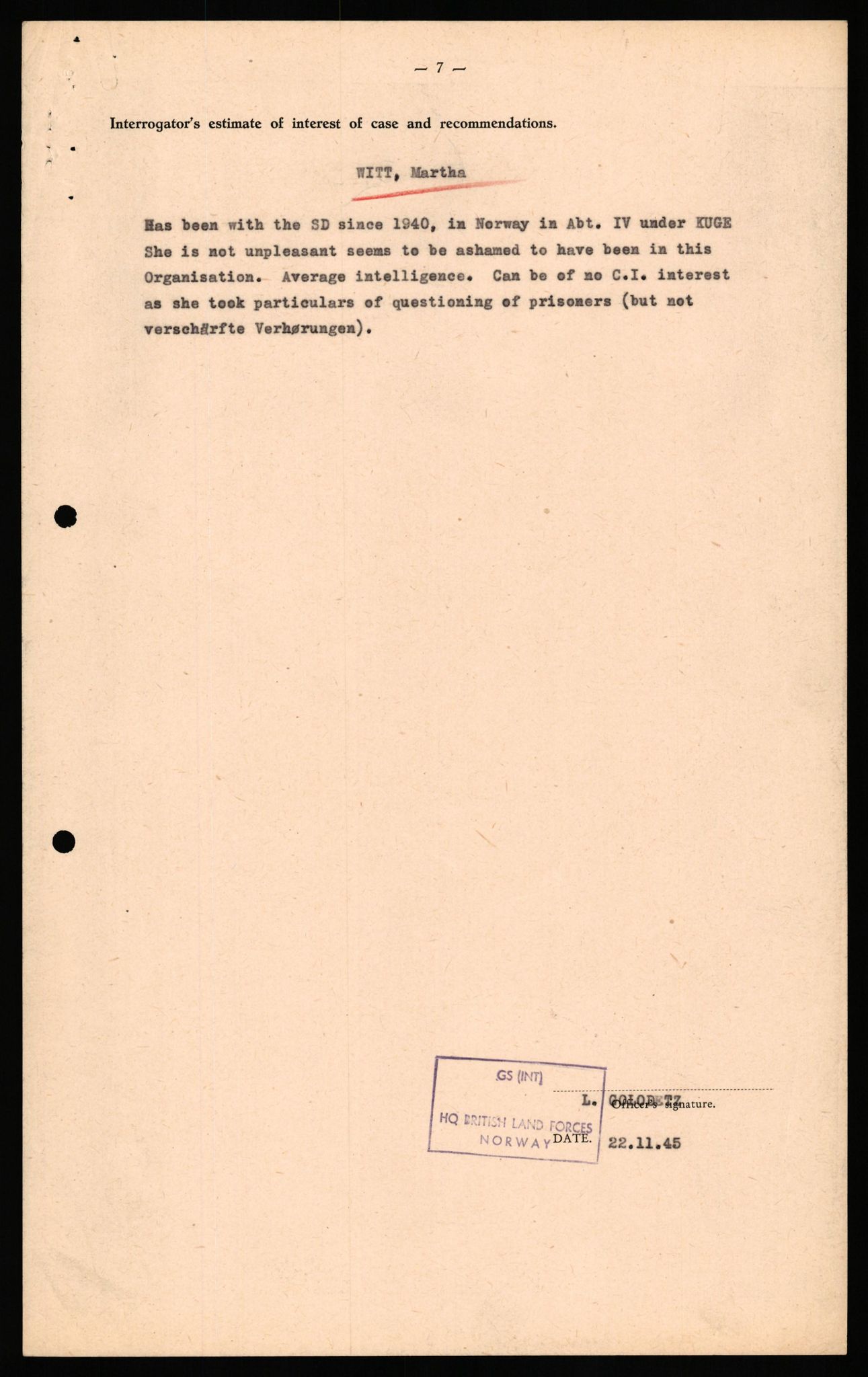 Forsvaret, Forsvarets overkommando II, AV/RA-RAFA-3915/D/Db/L0036: CI Questionaires. Tyske okkupasjonsstyrker i Norge. Tyskere., 1945-1946, p. 342