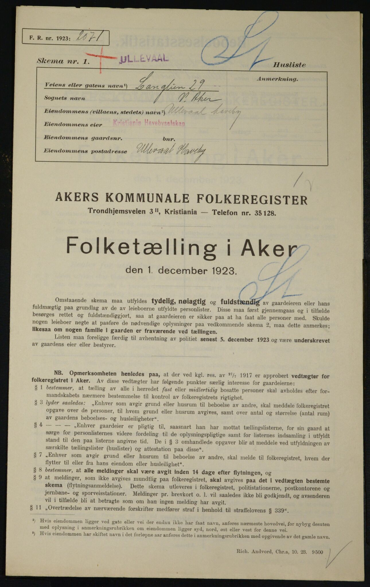 , Municipal Census 1923 for Aker, 1923, p. 21357