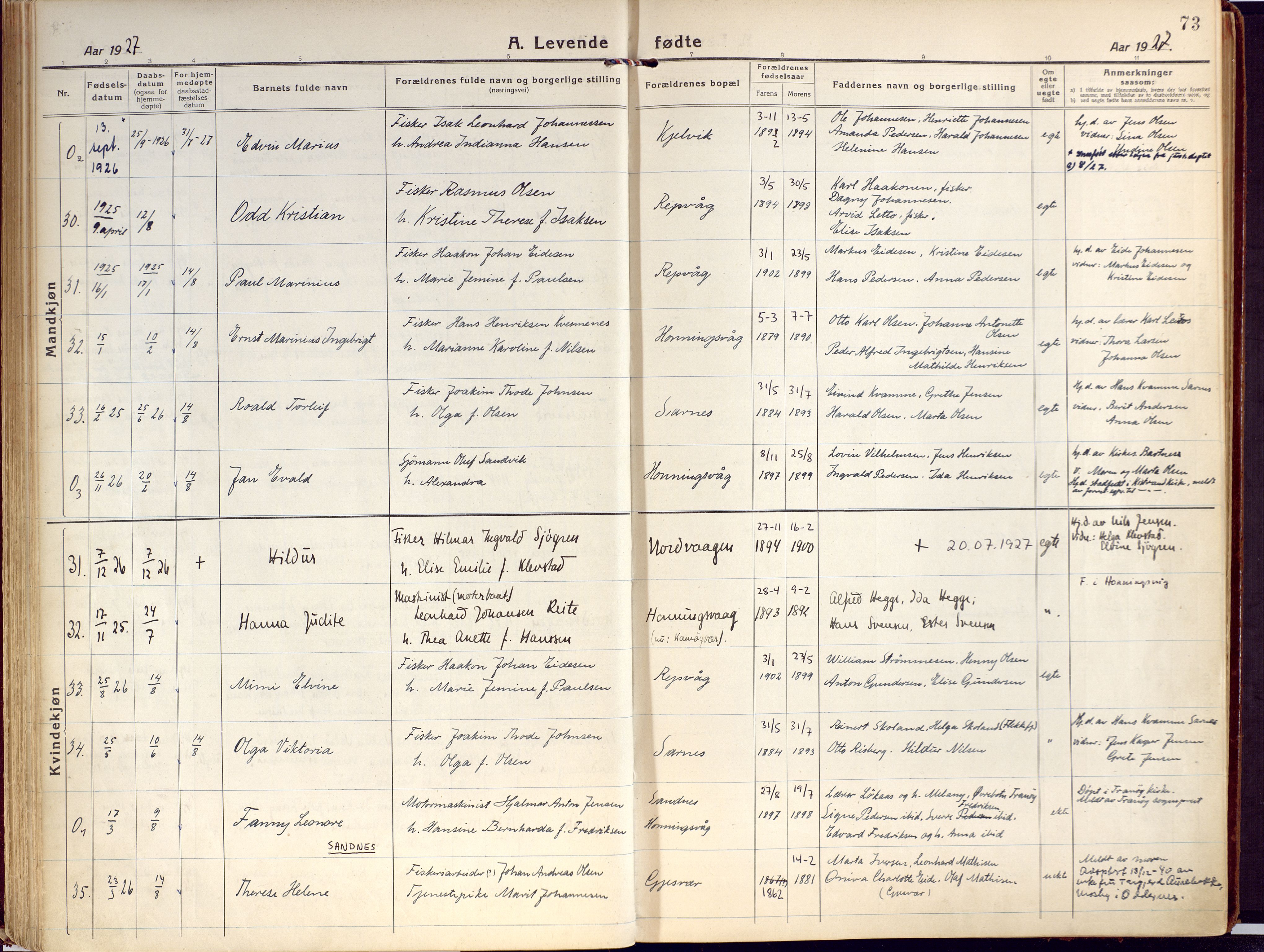 Kjelvik/Nordkapp sokneprestkontor, AV/SATØ-S-1350/H/Ha/L0002kirke: Parish register (official) no. 2, 1920-1929, p. 73