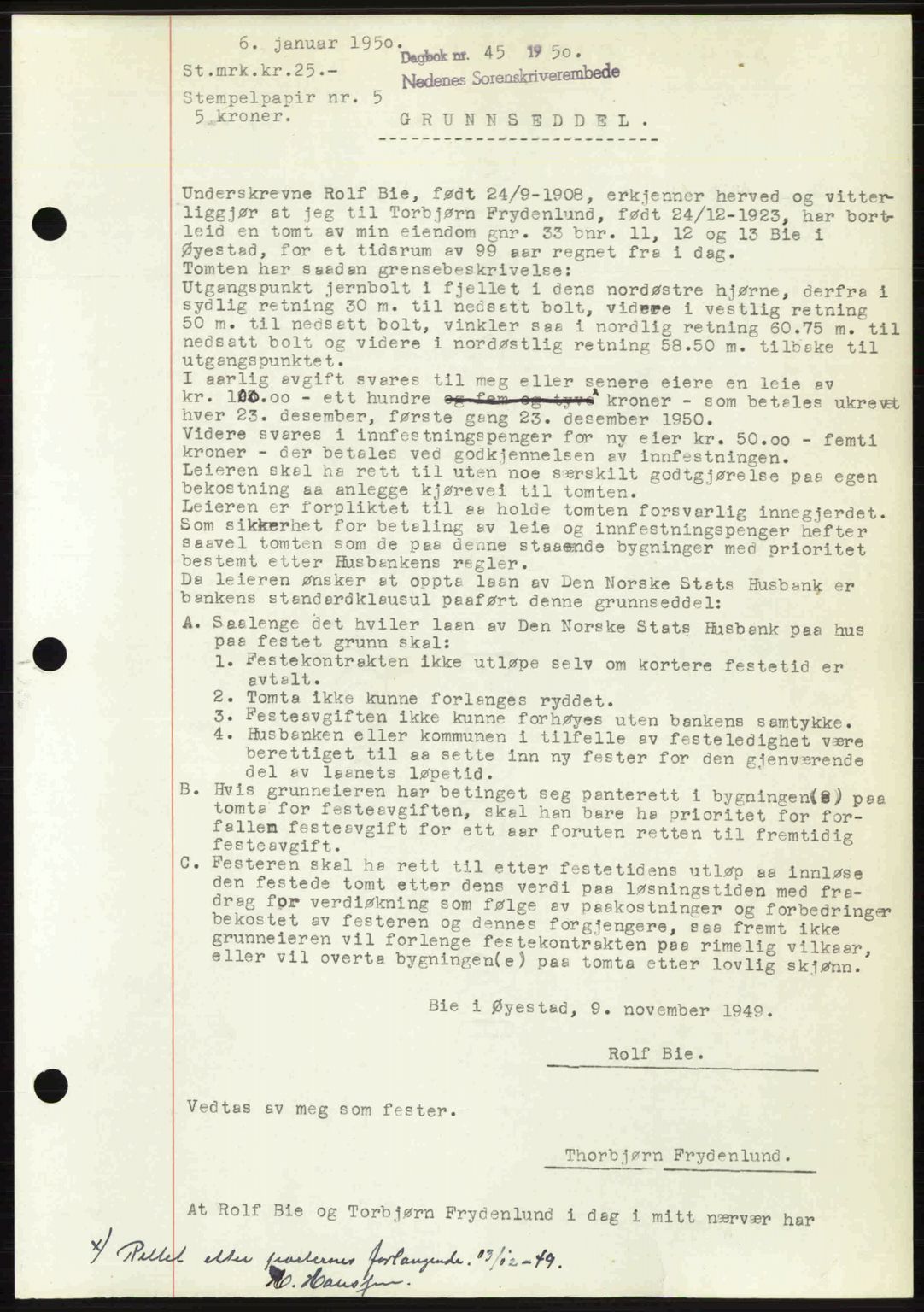 Nedenes sorenskriveri, AV/SAK-1221-0006/G/Gb/Gba/L0062: Mortgage book no. A14, 1949-1950, Diary no: : 45/1950