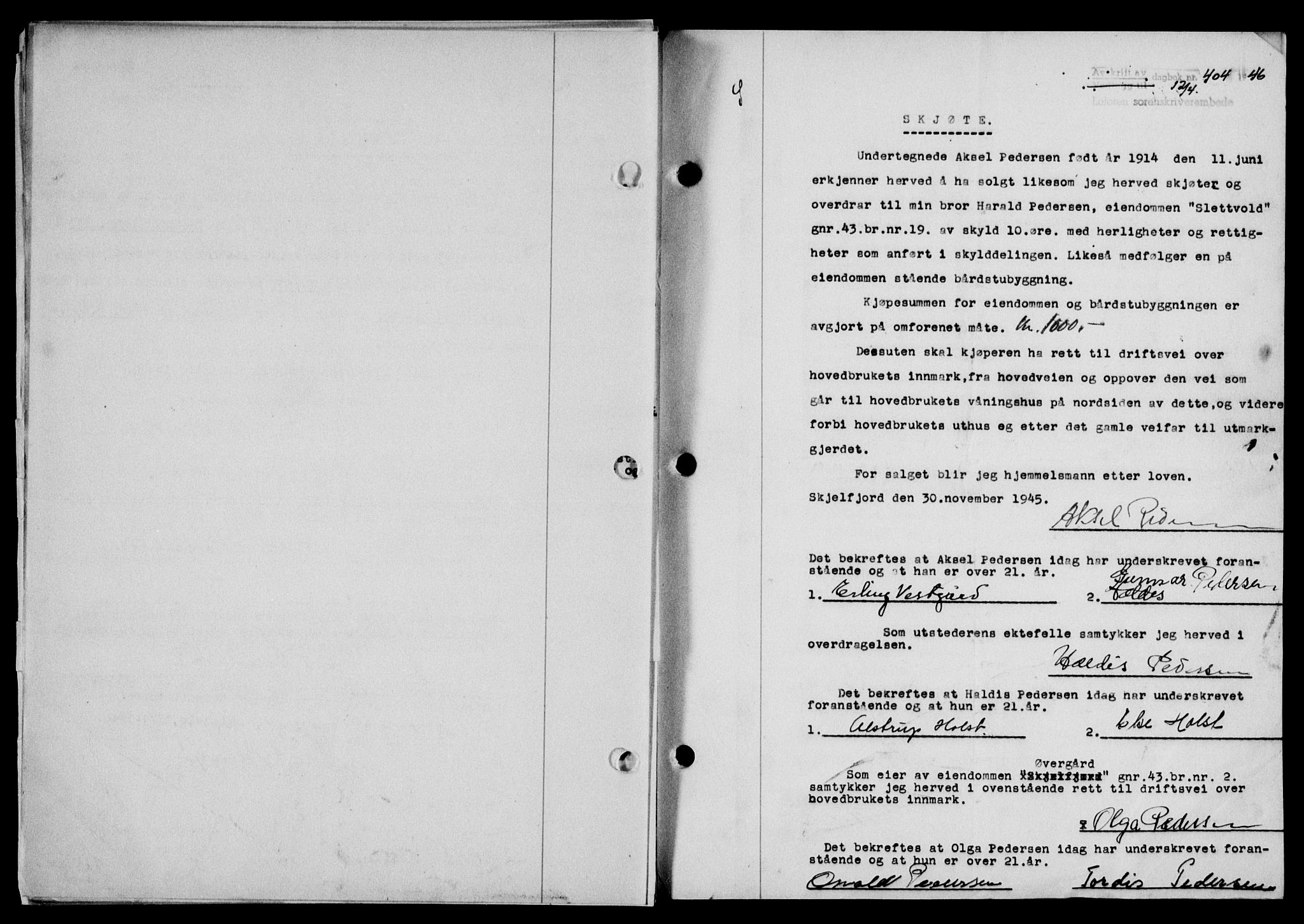 Lofoten sorenskriveri, SAT/A-0017/1/2/2C/L0013a: Mortgage book no. 13a, 1944-1946, Diary no: : 404/1946