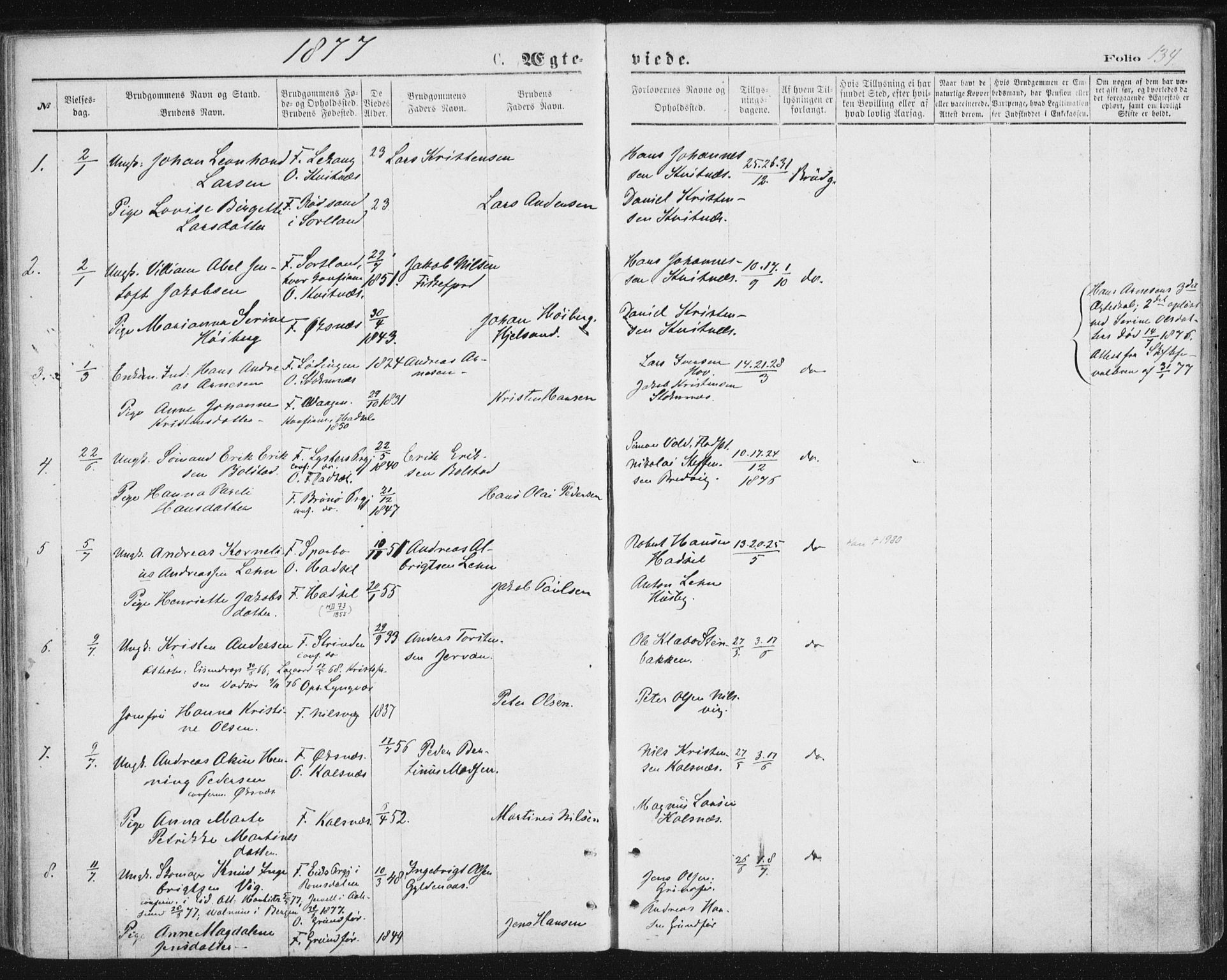 Ministerialprotokoller, klokkerbøker og fødselsregistre - Nordland, SAT/A-1459/888/L1243: Parish register (official) no. 888A09, 1876-1879, p. 134
