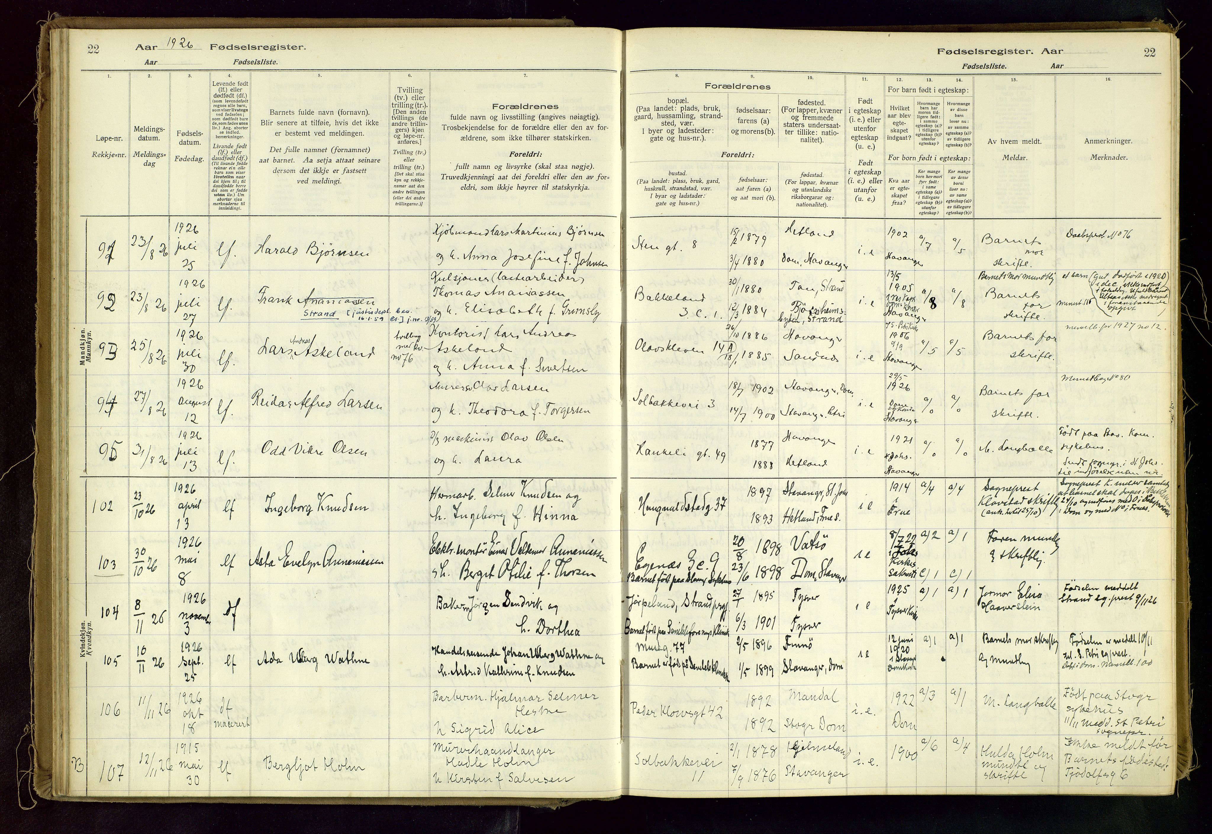 Domkirken sokneprestkontor, AV/SAST-A-101812/002/A/L0001: Birth register no. 1, 1925-1932, p. 22