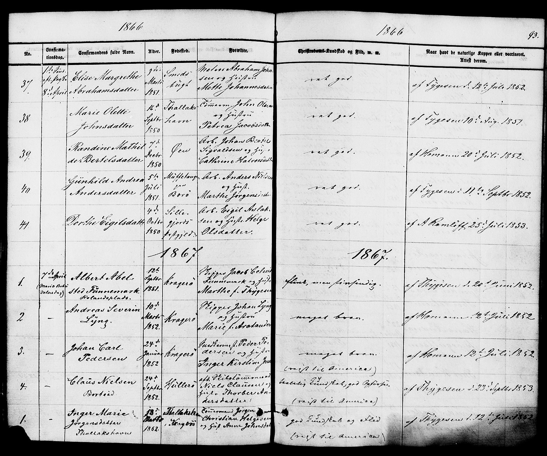Kragerø kirkebøker, SAKO/A-278/F/Fa/L0008: Parish register (official) no. 8, 1856-1880, p. 93