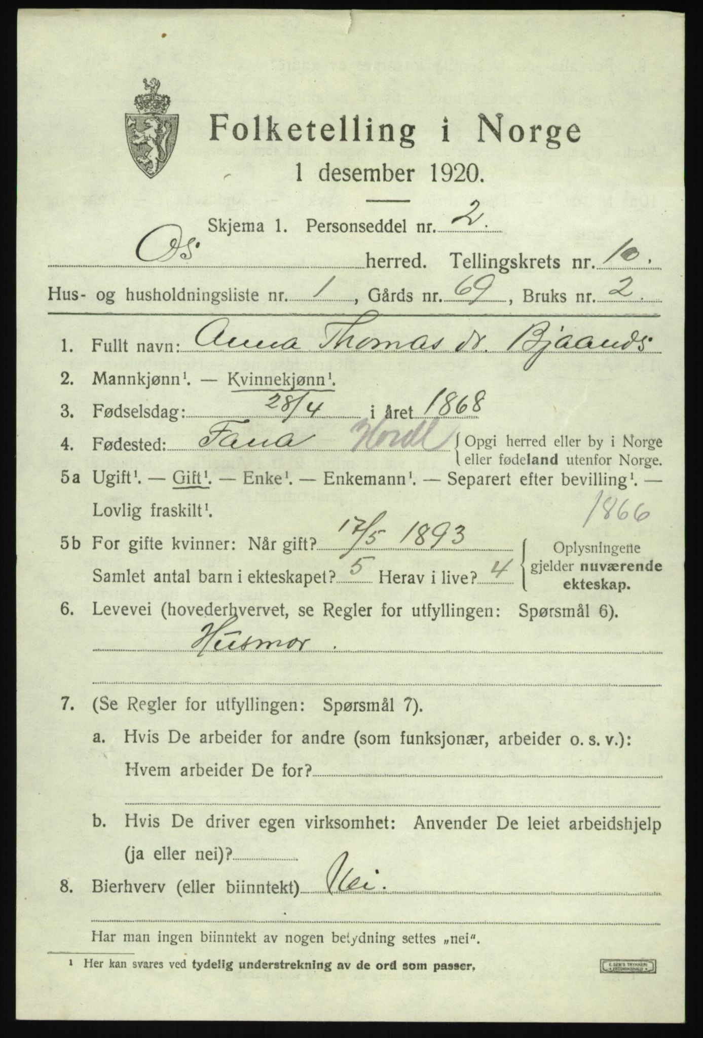 SAB, 1920 census for Os, 1920, p. 8218