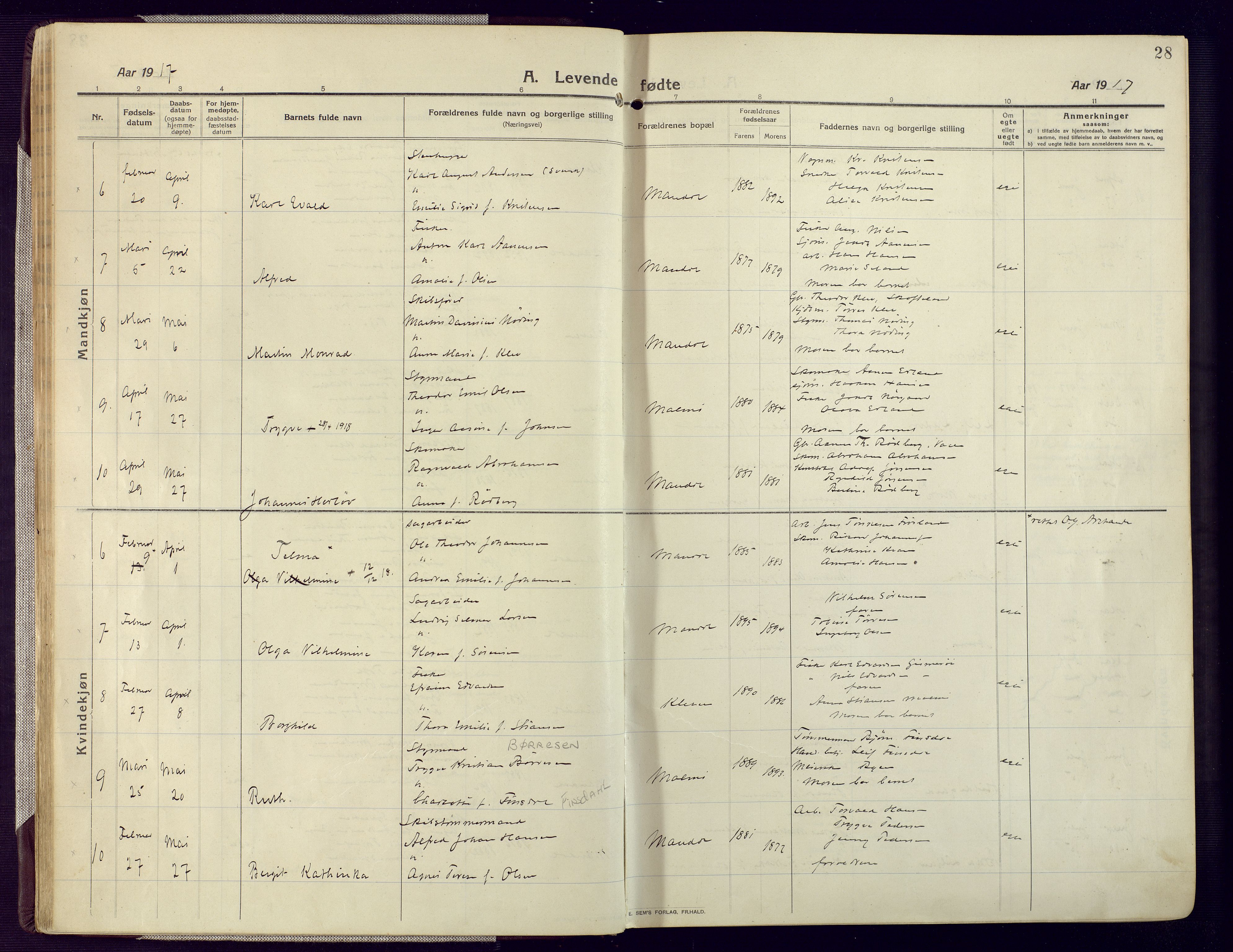 Mandal sokneprestkontor, AV/SAK-1111-0030/F/Fa/Fac/L0001: Parish register (official) no. A 1, 1913-1925, p. 28