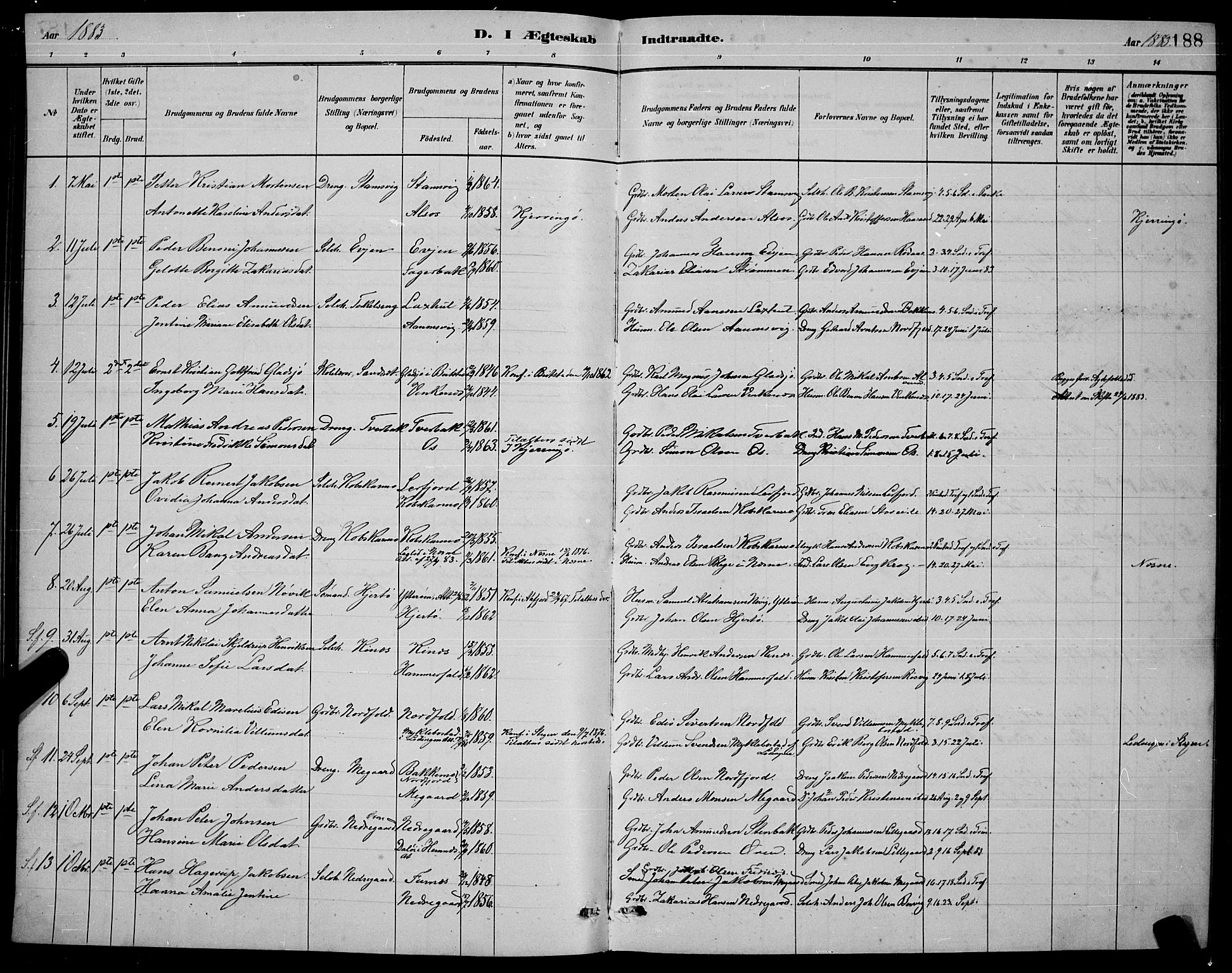 Ministerialprotokoller, klokkerbøker og fødselsregistre - Nordland, AV/SAT-A-1459/853/L0772: Parish register (official) no. 853A11, 1881-1900, p. 188