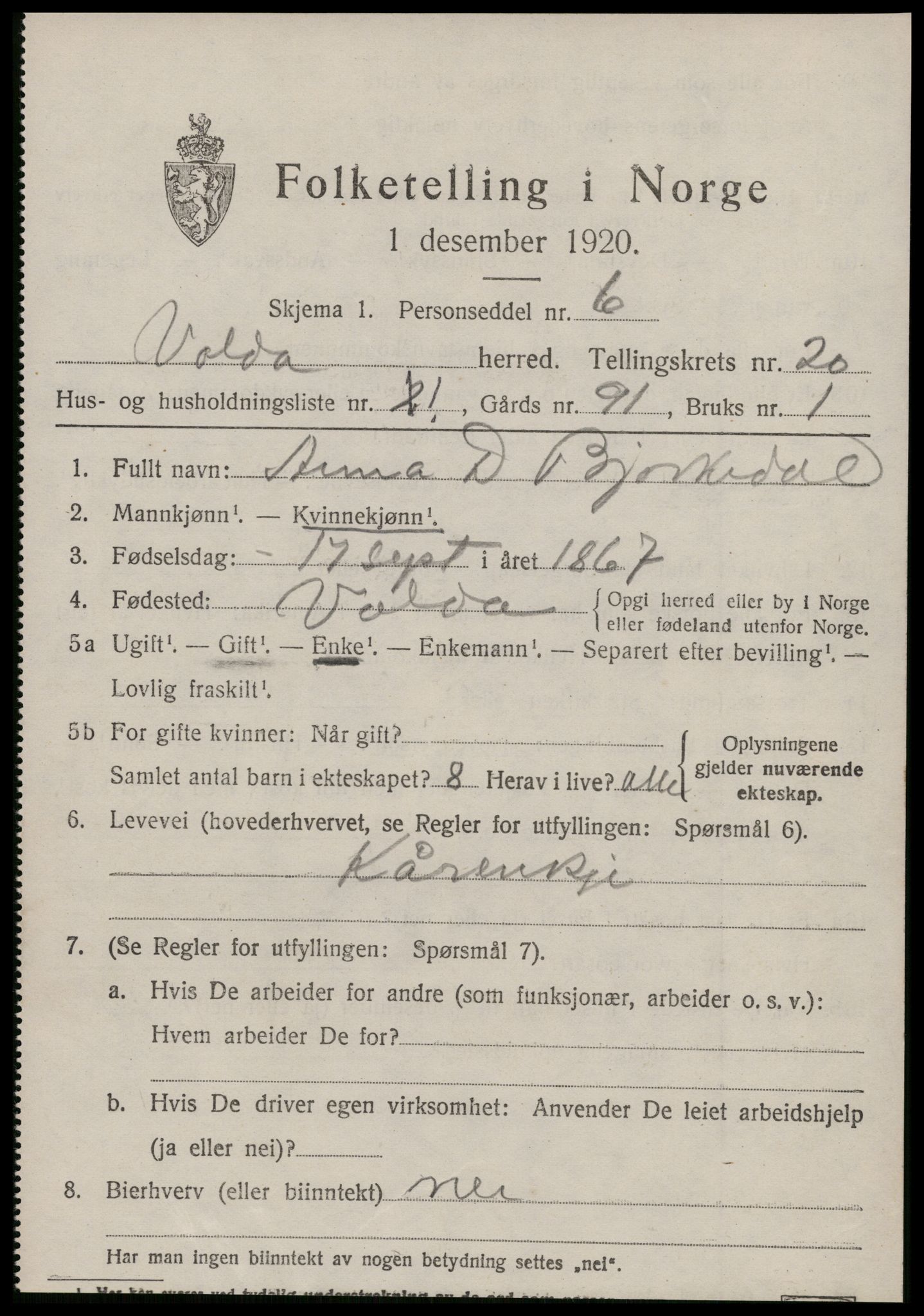 SAT, 1920 census for Volda, 1920, p. 10520