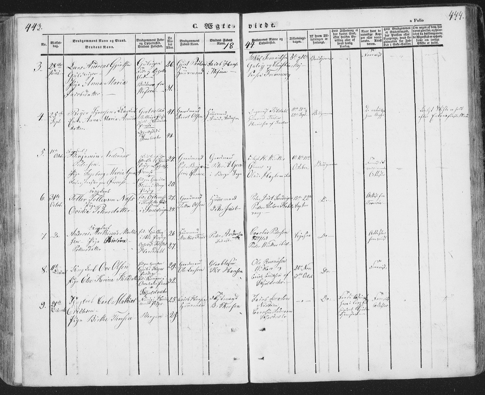 Ministerialprotokoller, klokkerbøker og fødselsregistre - Nordland, SAT/A-1459/874/L1072: Parish register (copy) no. 874C01, 1843-1859, p. 443-444