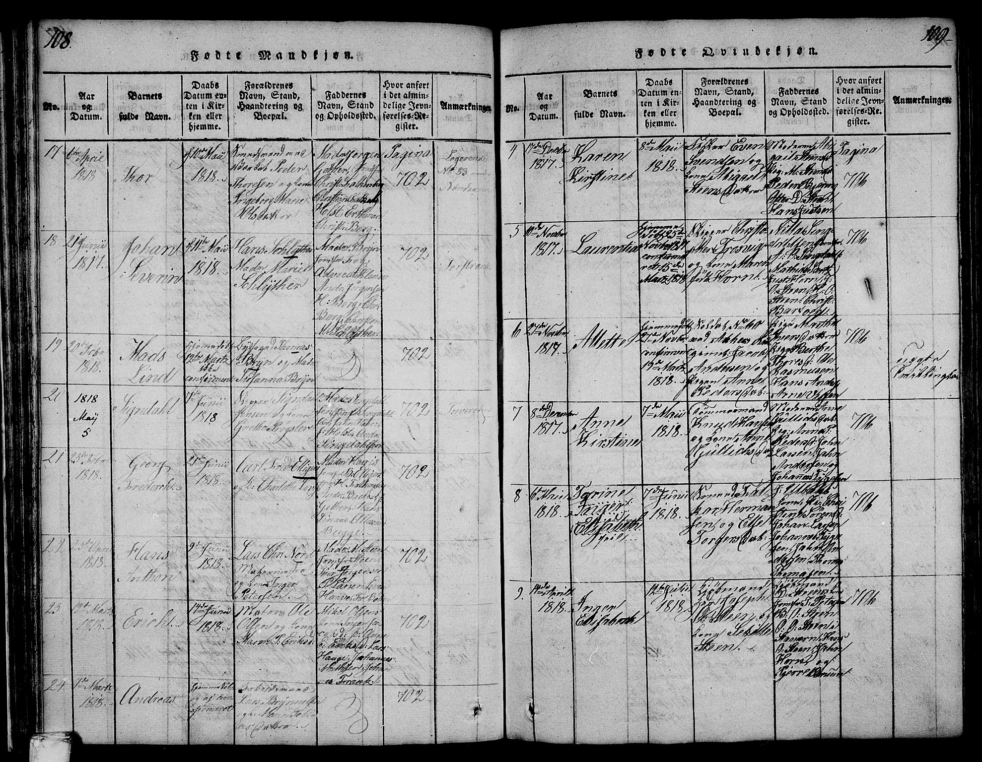 Larvik kirkebøker, SAKO/A-352/F/Fa/L0001: Parish register (official) no. I 1, 1814-1825, p. 108-109
