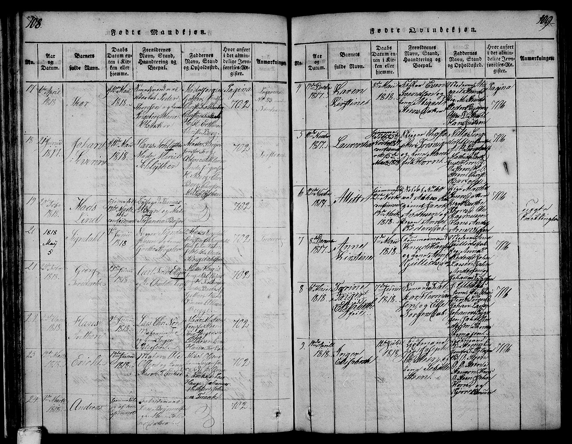 Larvik kirkebøker, AV/SAKO-A-352/F/Fa/L0001: Parish register (official) no. I 1, 1814-1825, p. 108-109