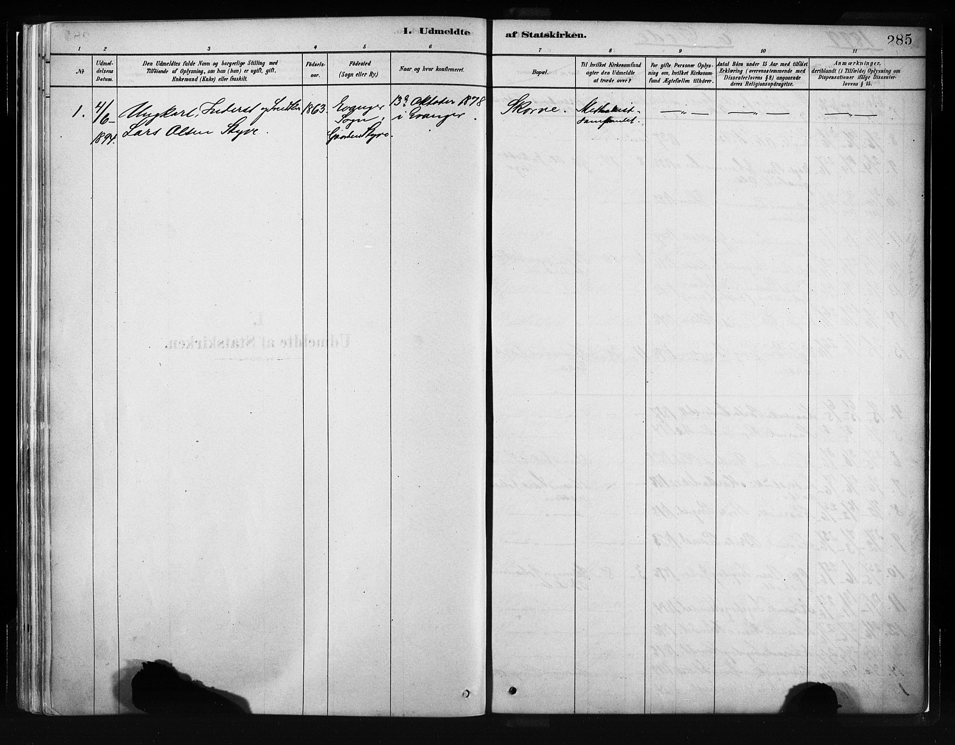 Evanger sokneprestembete, SAB/A-99924: Parish register (official) no. A 1, 1877-1899, p. 285