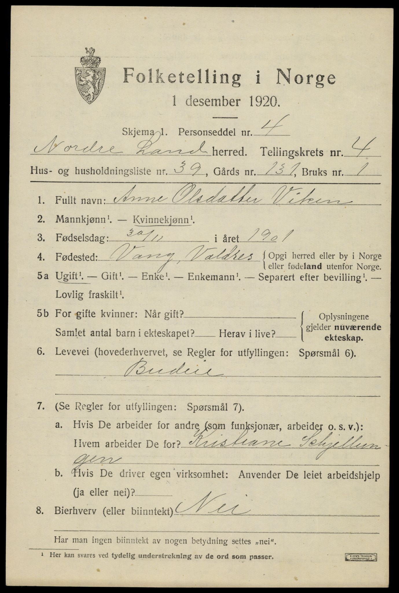 SAH, 1920 census for Nordre Land, 1920, p. 3696