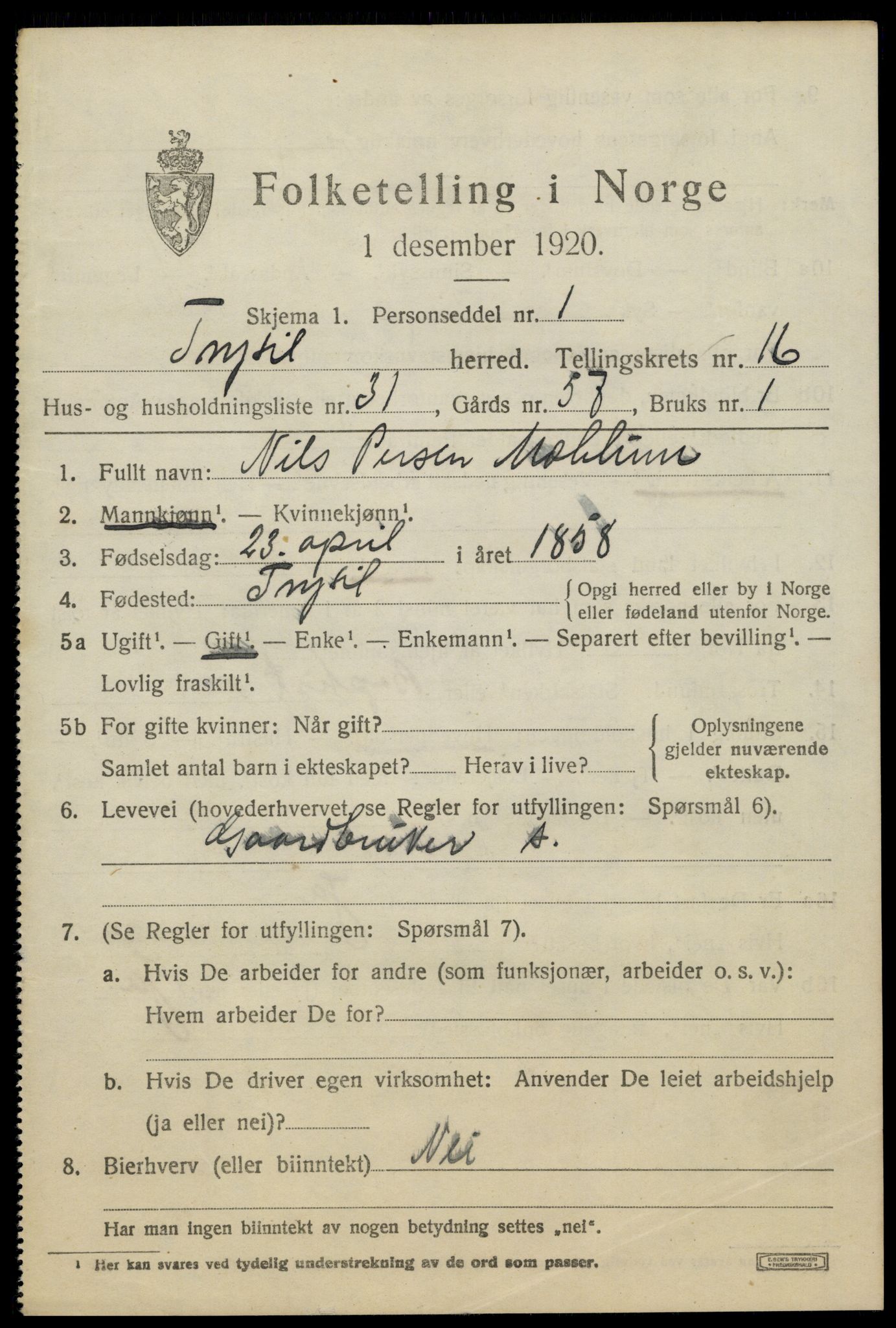 SAH, 1920 census for Trysil, 1920, p. 9773