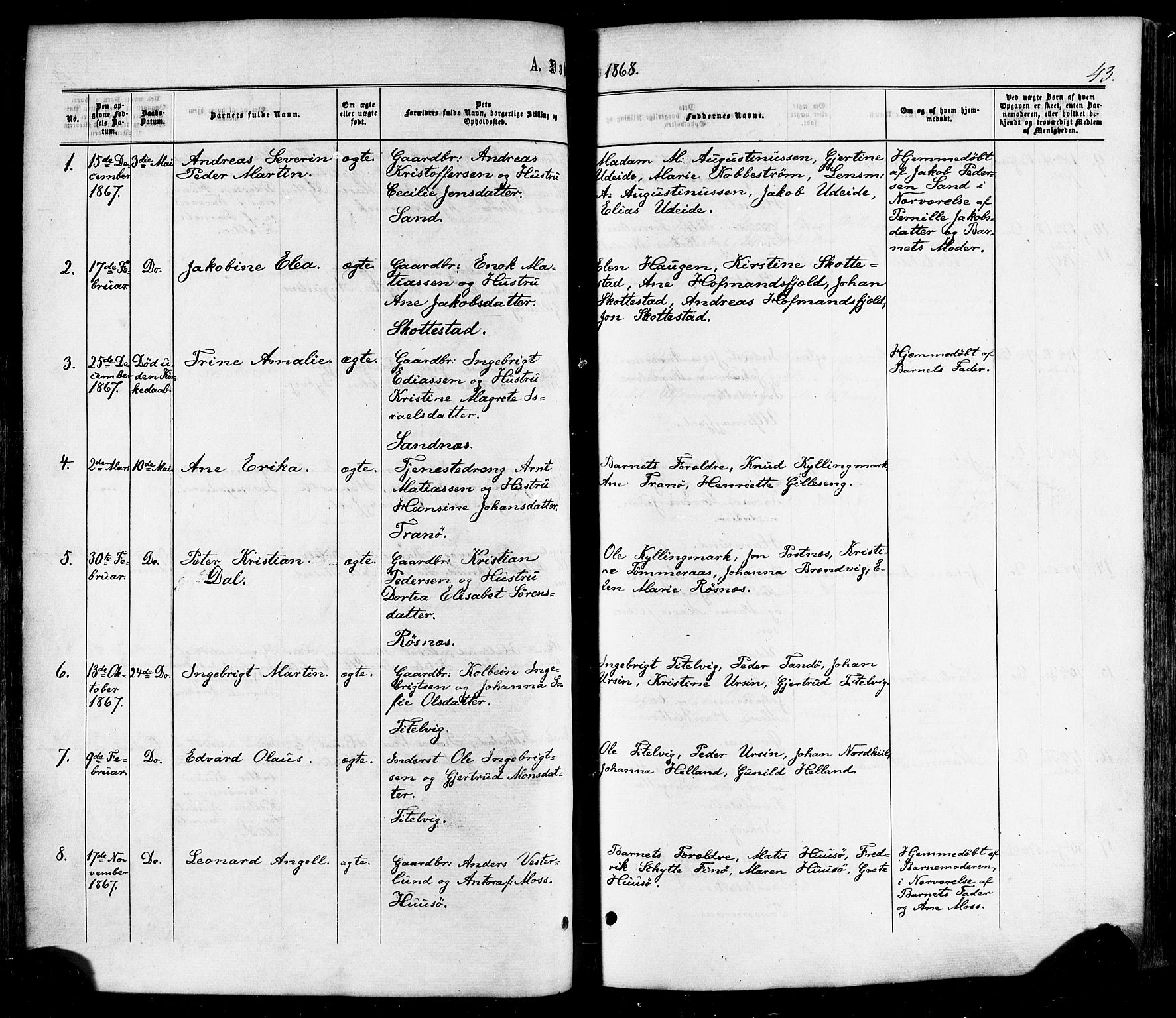 Ministerialprotokoller, klokkerbøker og fødselsregistre - Nordland, SAT/A-1459/859/L0845: Parish register (official) no. 859A05, 1863-1877, p. 43
