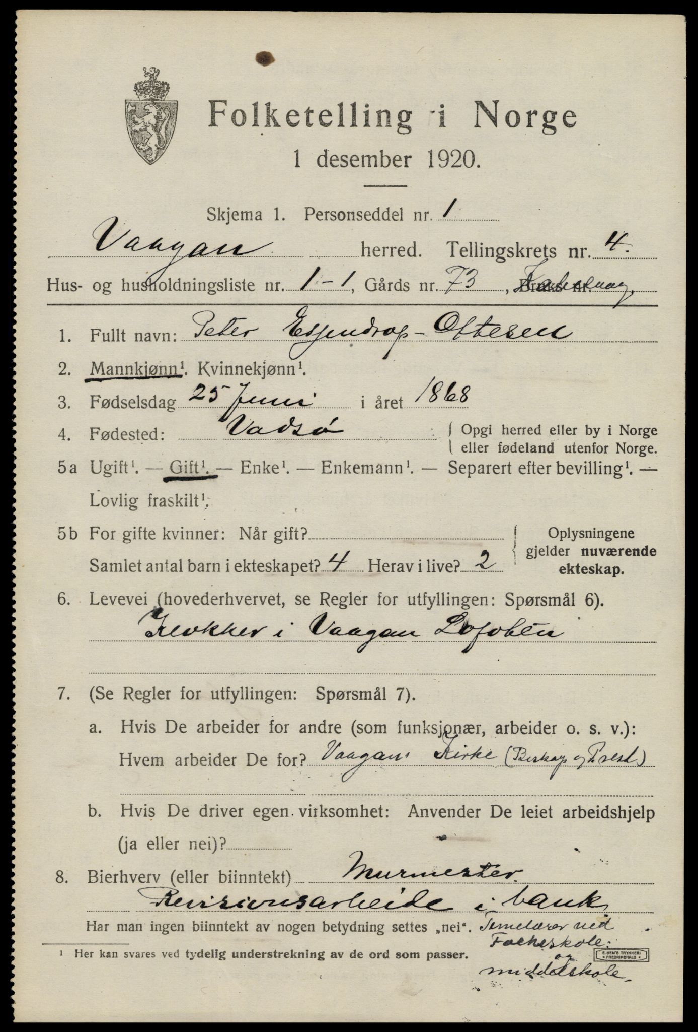 SAT, 1920 census for Vågan, 1920, p. 3169