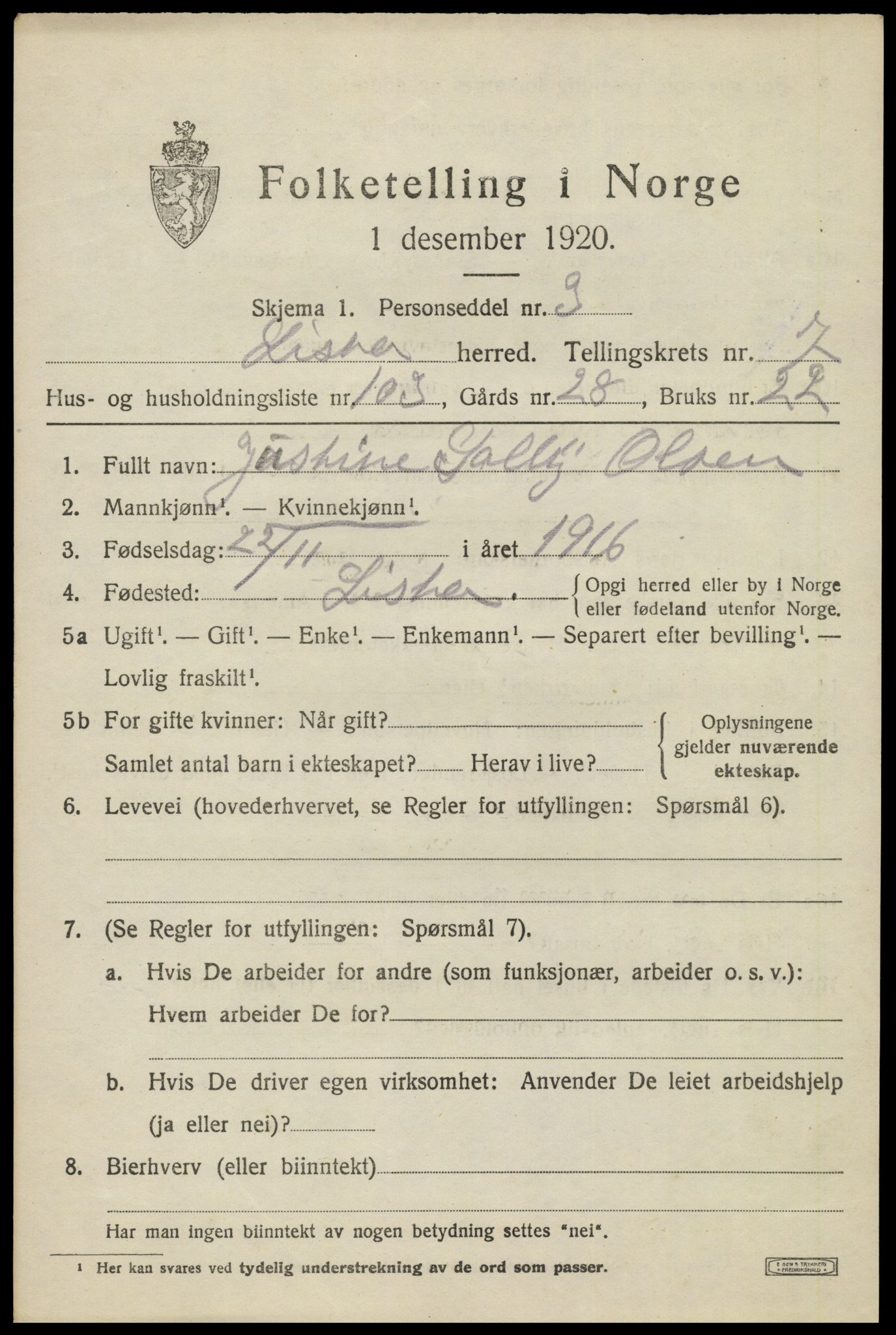 SAK, 1920 census for Lista, 1920, p. 7809