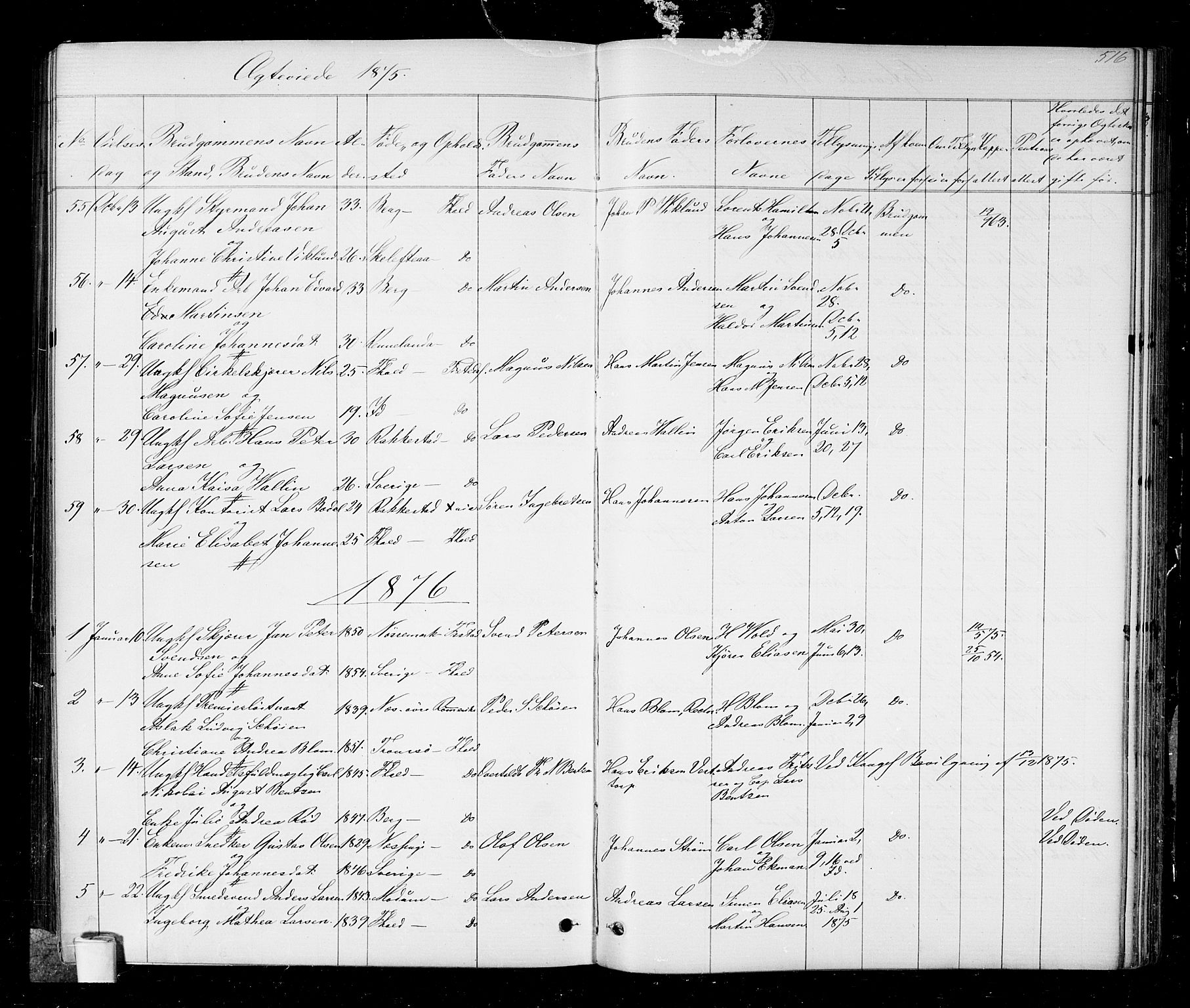 Halden prestekontor Kirkebøker, AV/SAO-A-10909/G/Ga/L0006: Parish register (copy) no. 6, 1869-1884, p. 516