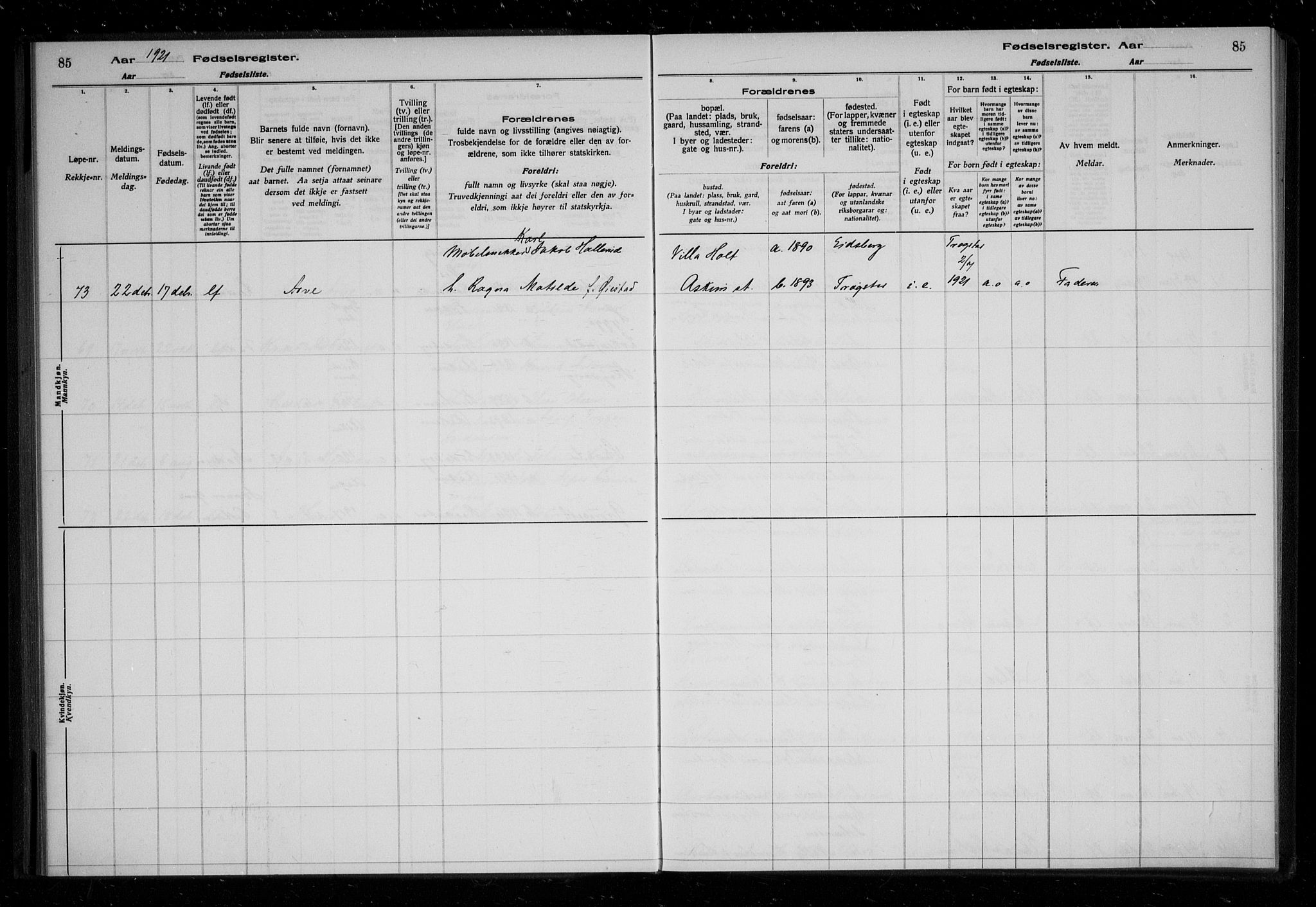 Askim prestekontor Kirkebøker, AV/SAO-A-10900/J/Ja/L0001: Birth register no. 1, 1916-1929, p. 85