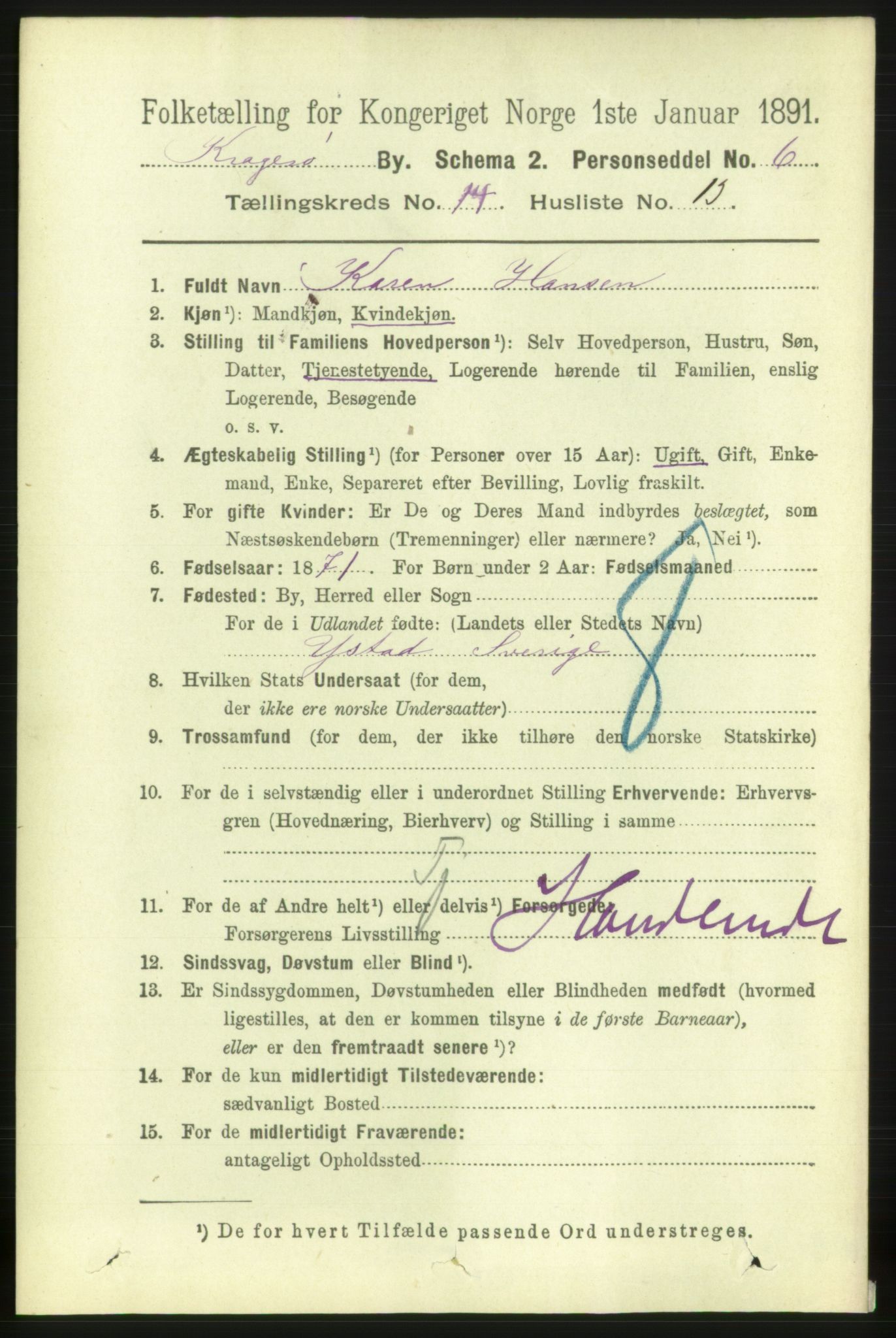 RA, 1891 census for 0801 Kragerø, 1891, p. 4174