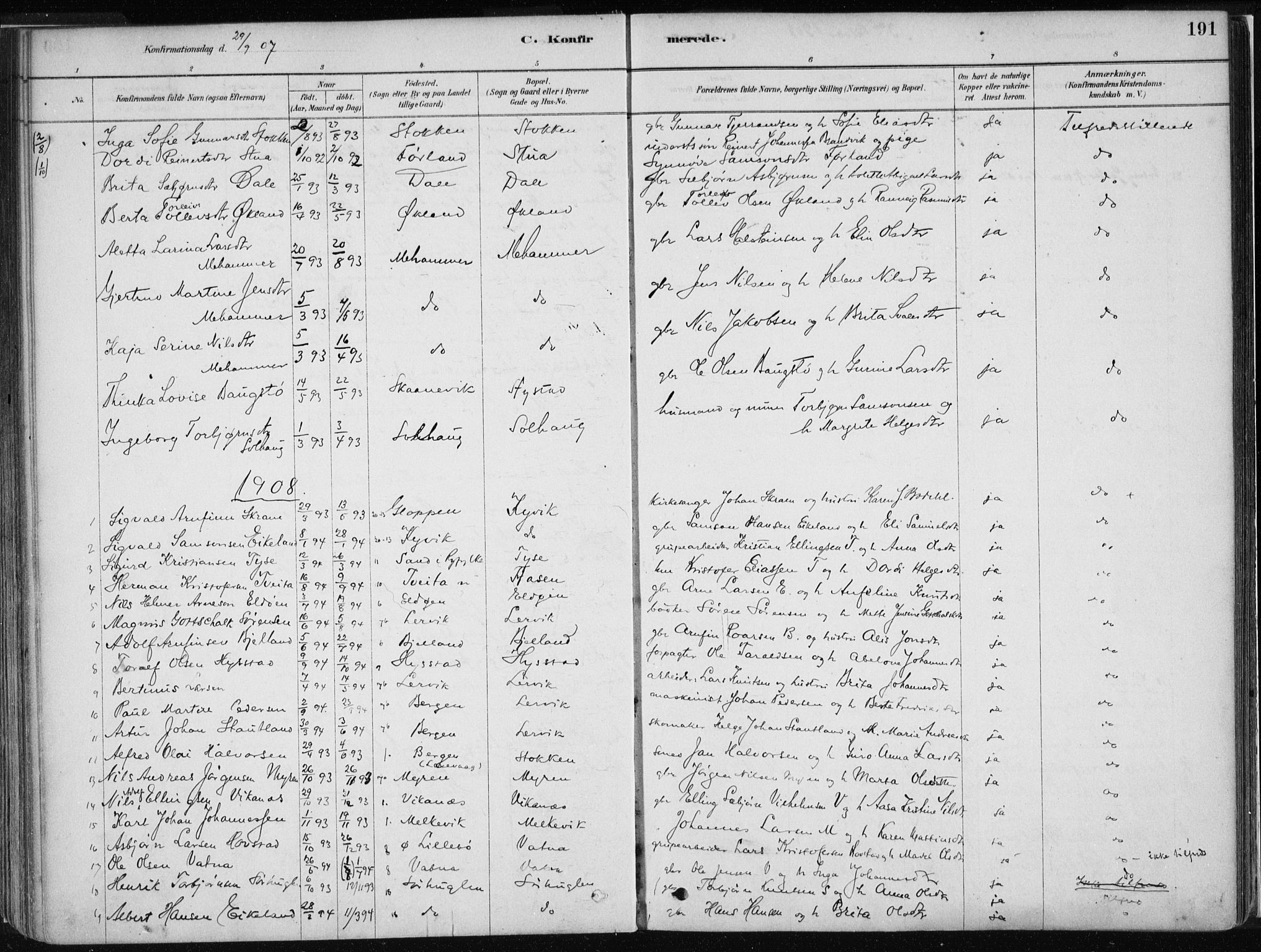 Stord sokneprestembete, SAB/A-78201/H/Haa: Parish register (official) no. B 2, 1878-1913, p. 191