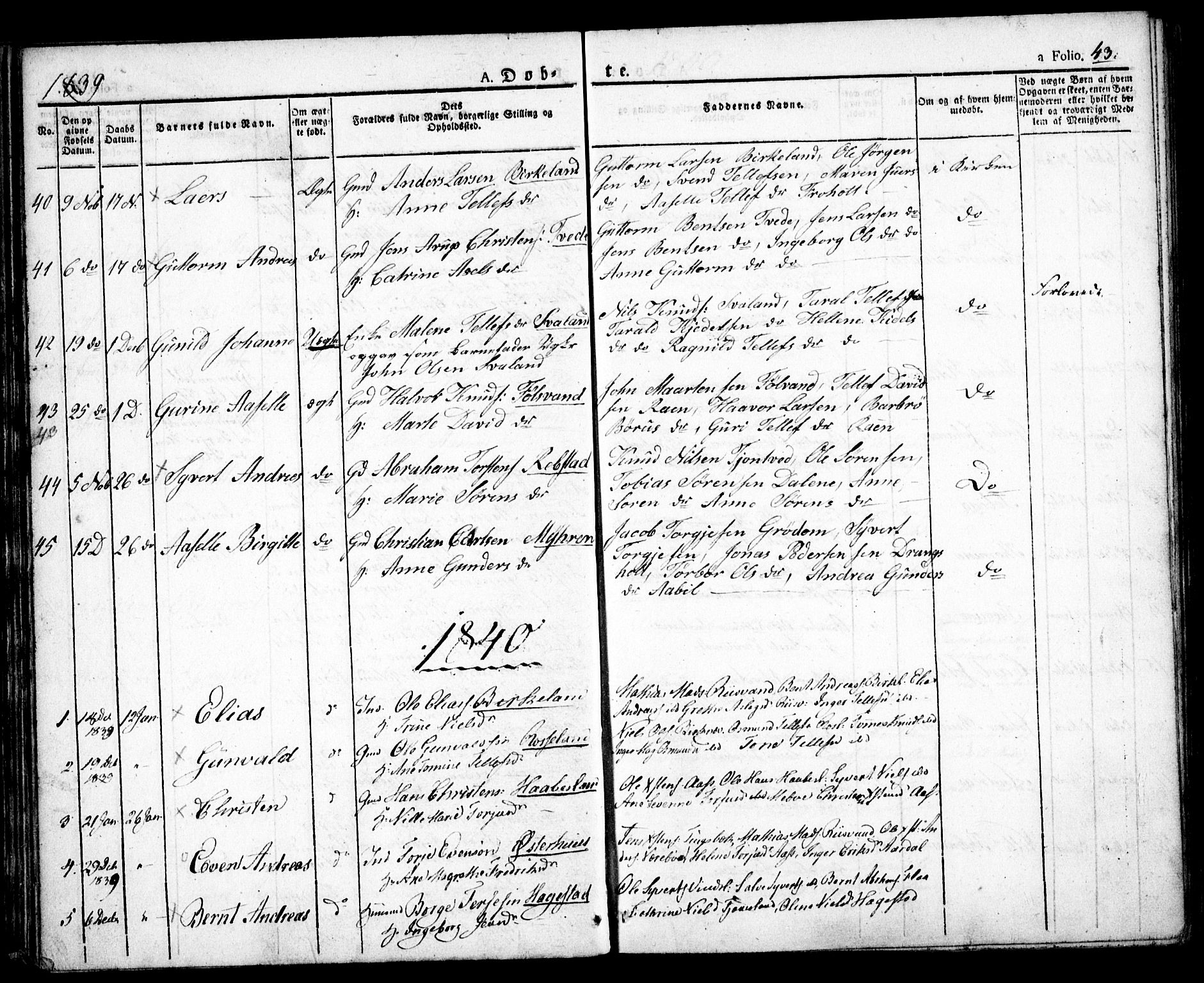 Birkenes sokneprestkontor, AV/SAK-1111-0004/F/Fa/L0001: Parish register (official) no. A 1, 1829-1849, p. 43