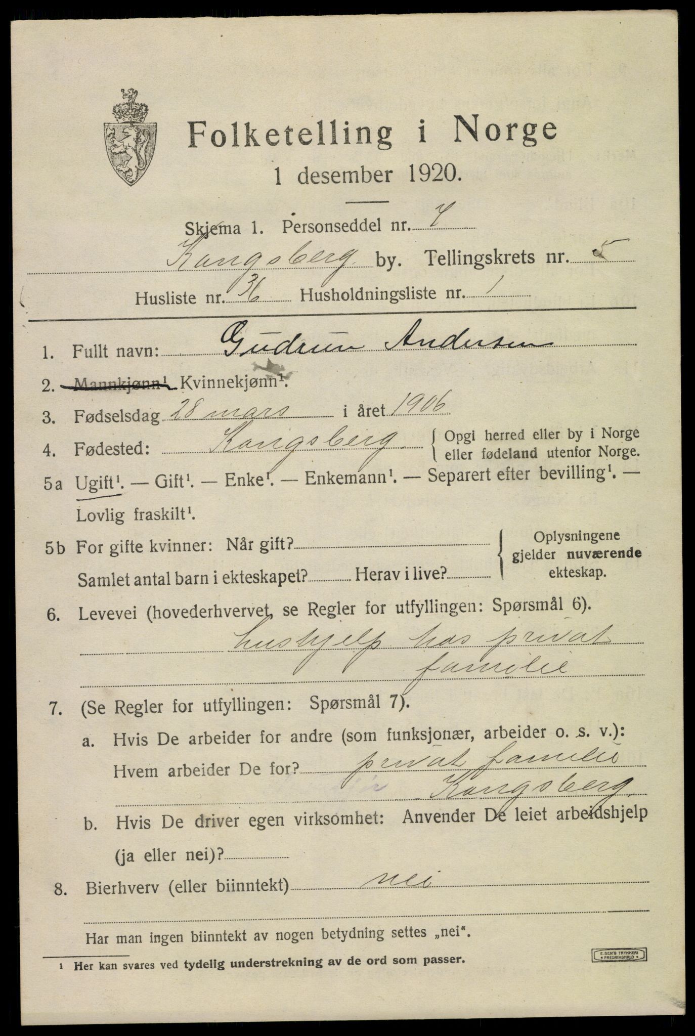 SAKO, 1920 census for Kongsberg, 1920, p. 12966