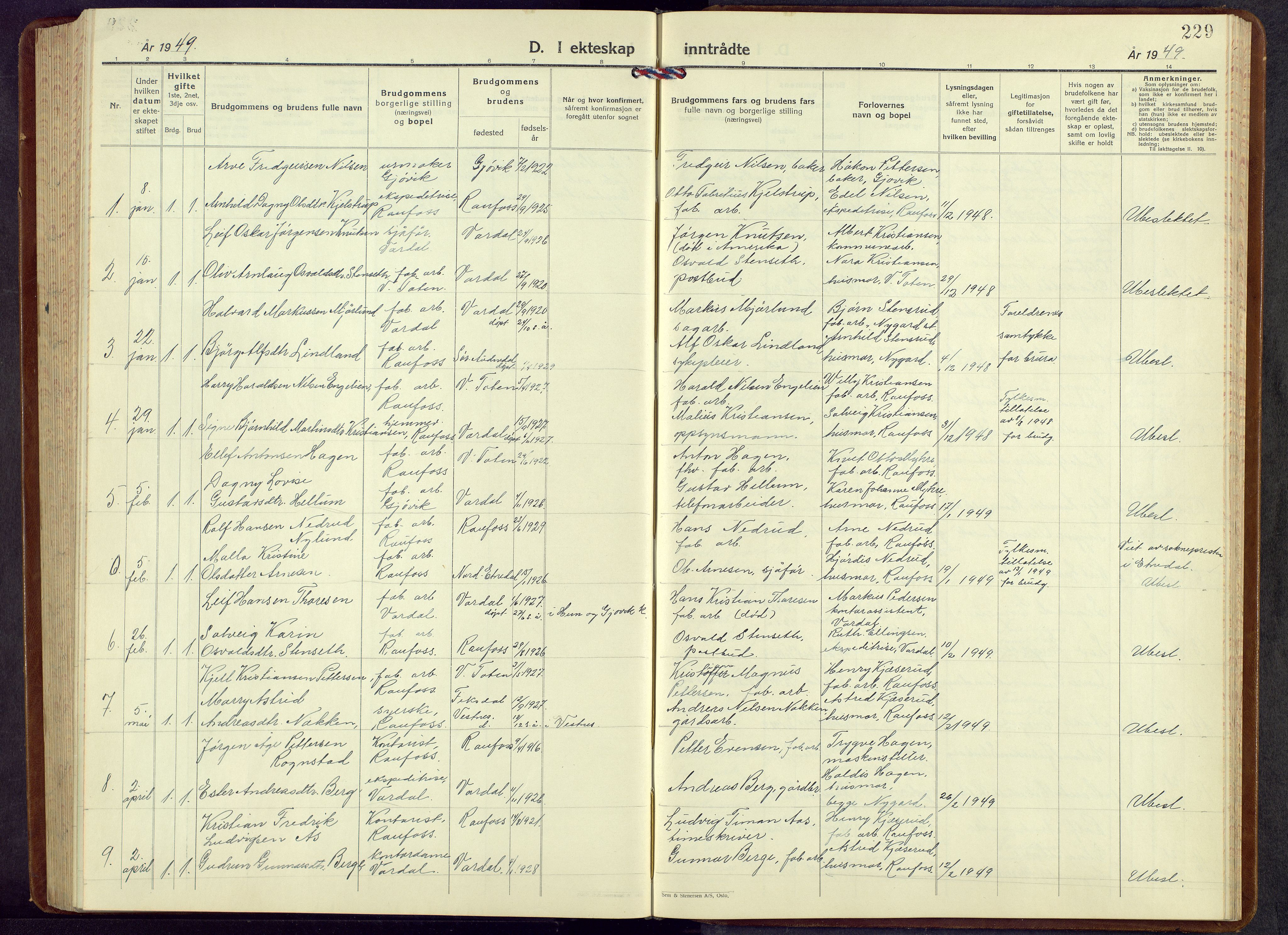 Vestre Toten prestekontor, SAH/PREST-108/H/Ha/Hab/L0013: Parish register (copy) no. 13, 1940-1956, p. 229