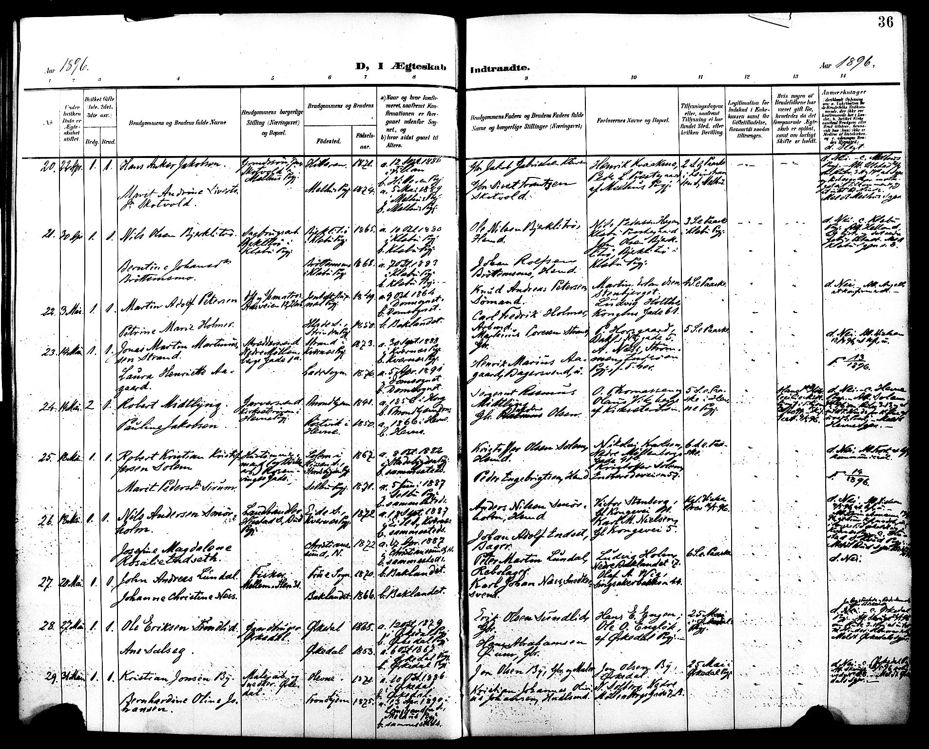 Ministerialprotokoller, klokkerbøker og fødselsregistre - Sør-Trøndelag, AV/SAT-A-1456/604/L0198: Parish register (official) no. 604A19, 1893-1900, p. 36