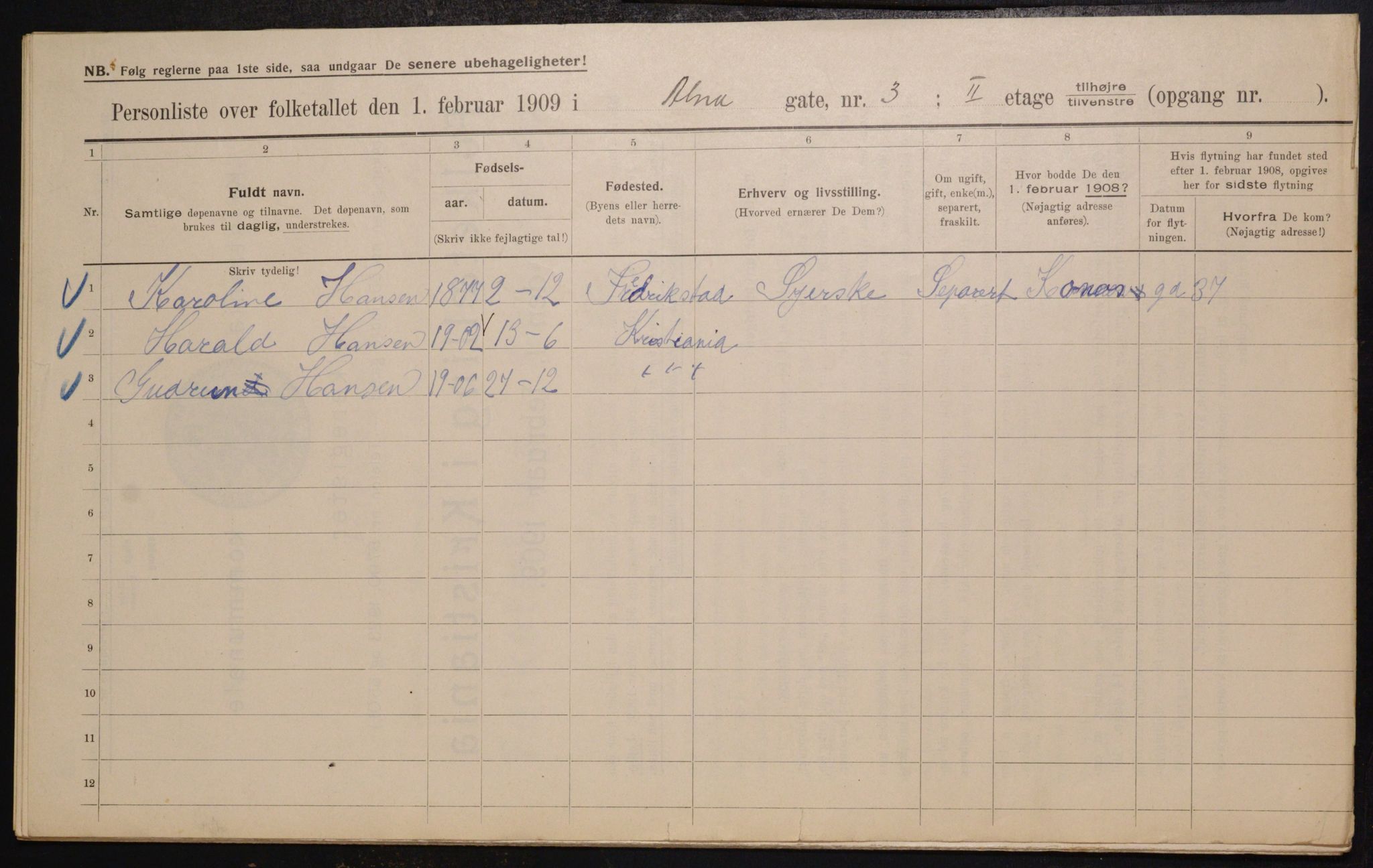 OBA, Municipal Census 1909 for Kristiania, 1909, p. 1165