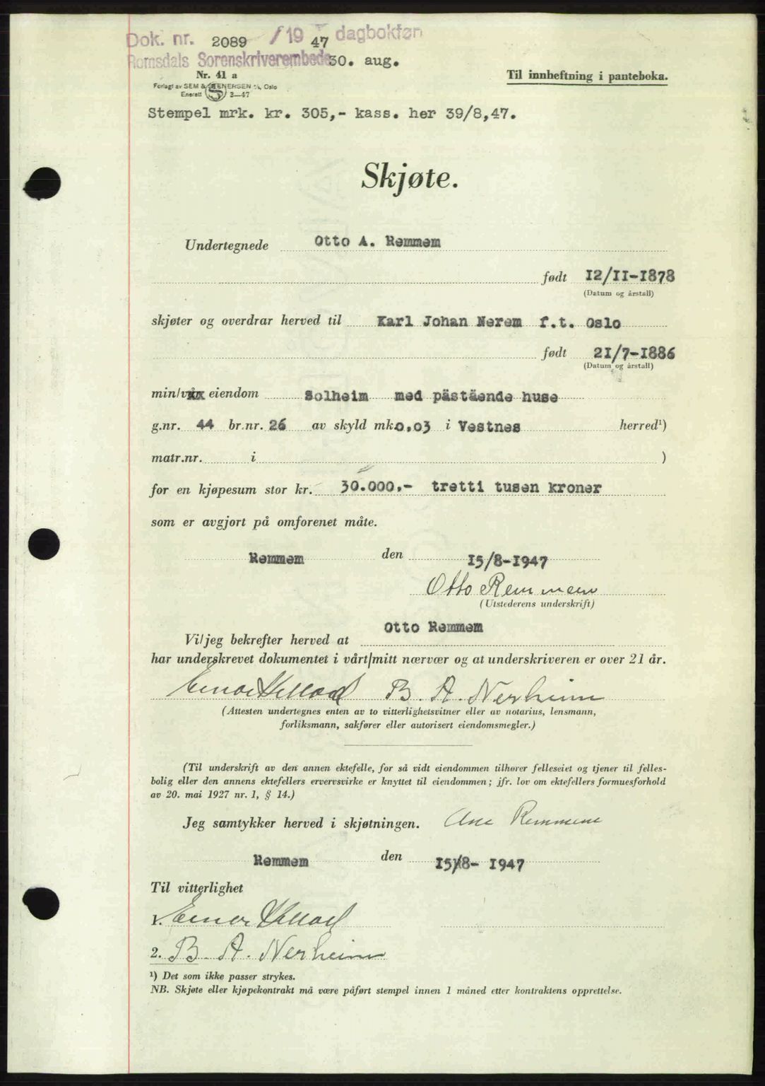 Romsdal sorenskriveri, AV/SAT-A-4149/1/2/2C: Mortgage book no. A23, 1947-1947, Diary no: : 2089/1947