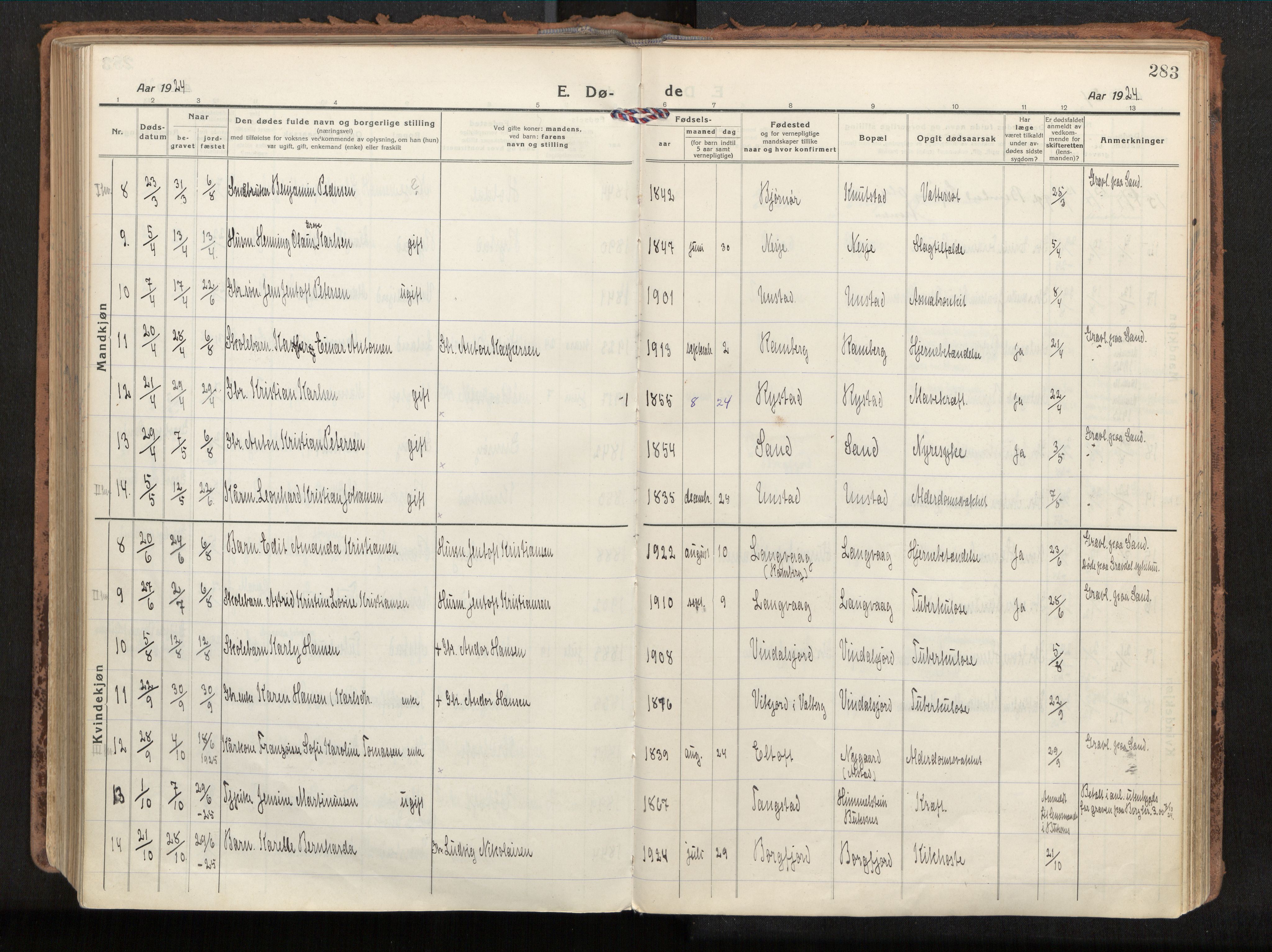 Ministerialprotokoller, klokkerbøker og fødselsregistre - Nordland, AV/SAT-A-1459/880/L1136: Parish register (official) no. 880A10, 1919-1927, p. 283