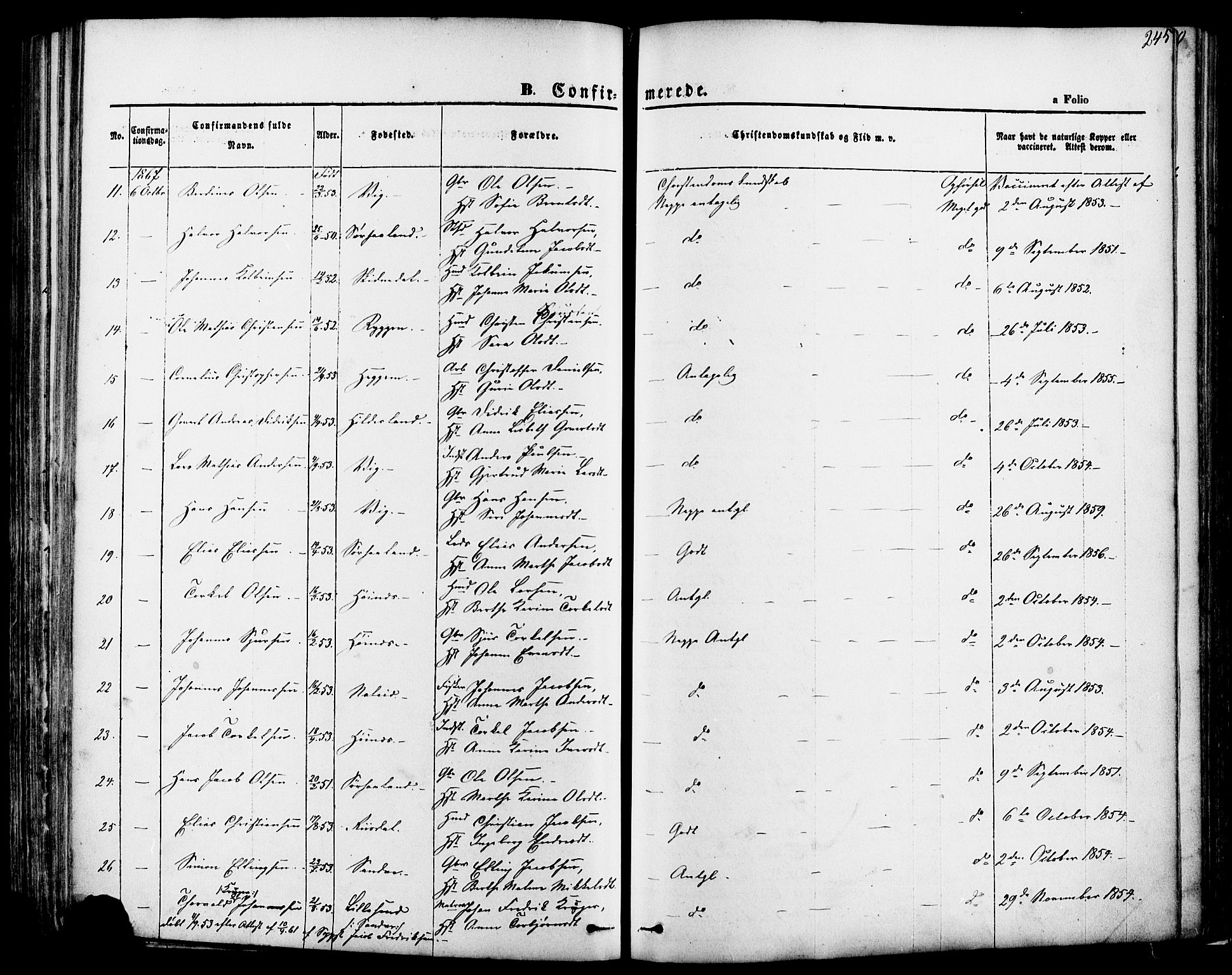 Skudenes sokneprestkontor, SAST/A -101849/H/Ha/Haa/L0006: Parish register (official) no. A 4, 1864-1881, p. 245