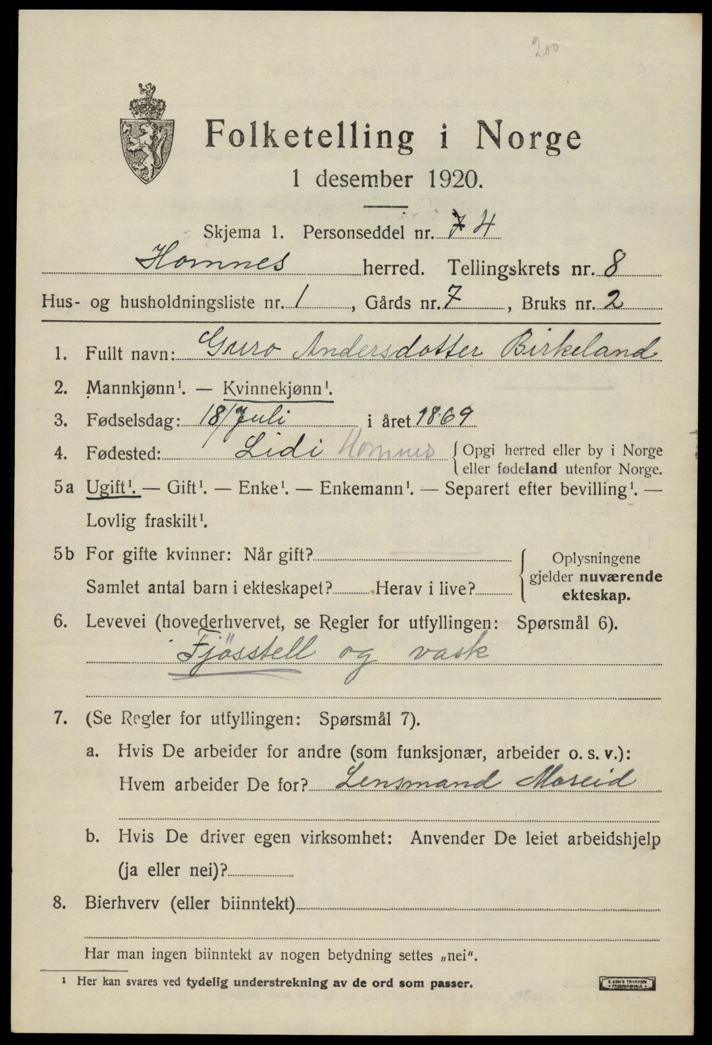 SAK, 1920 census for Hornnes, 1920, p. 1779